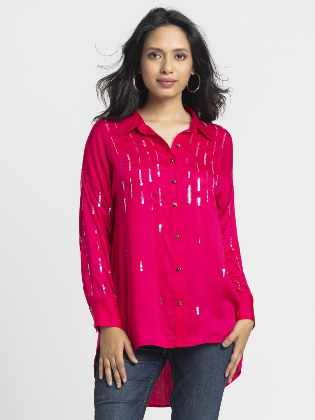 

SHAYE Women Premium Relaxed Fit Spread Collar Solid Party Shirt, Pink
