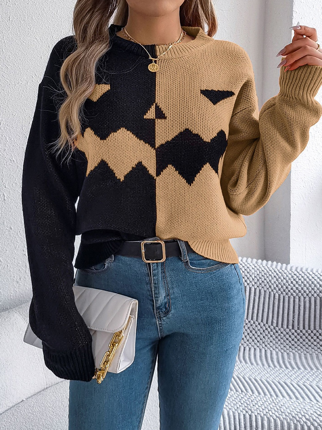 

StyleCast x Revolte Women Cable Knit Colourblocked Pullover Sweater, Khaki