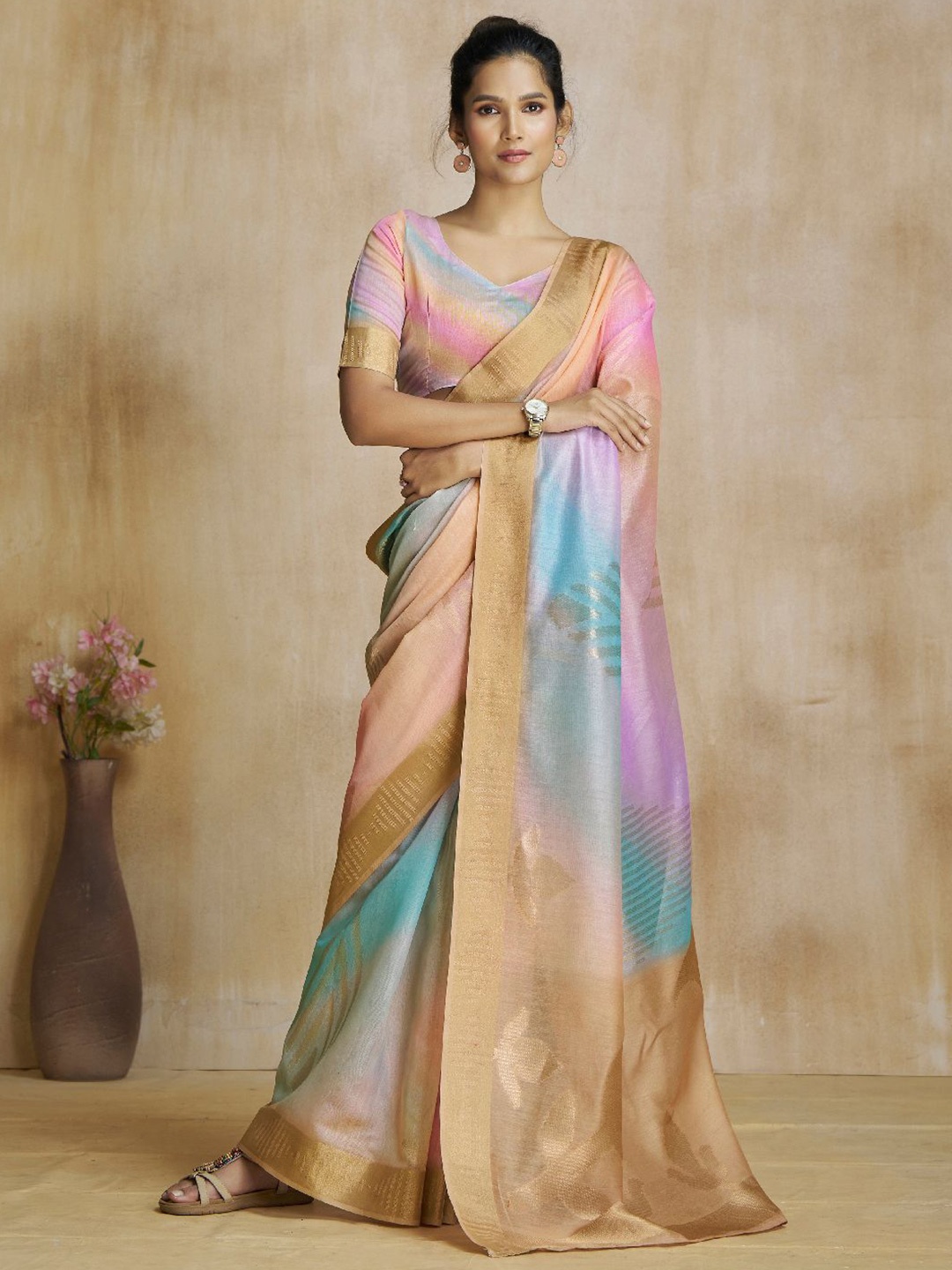 

Mitera Woven Design Zari Silk Blend Saree, Orange