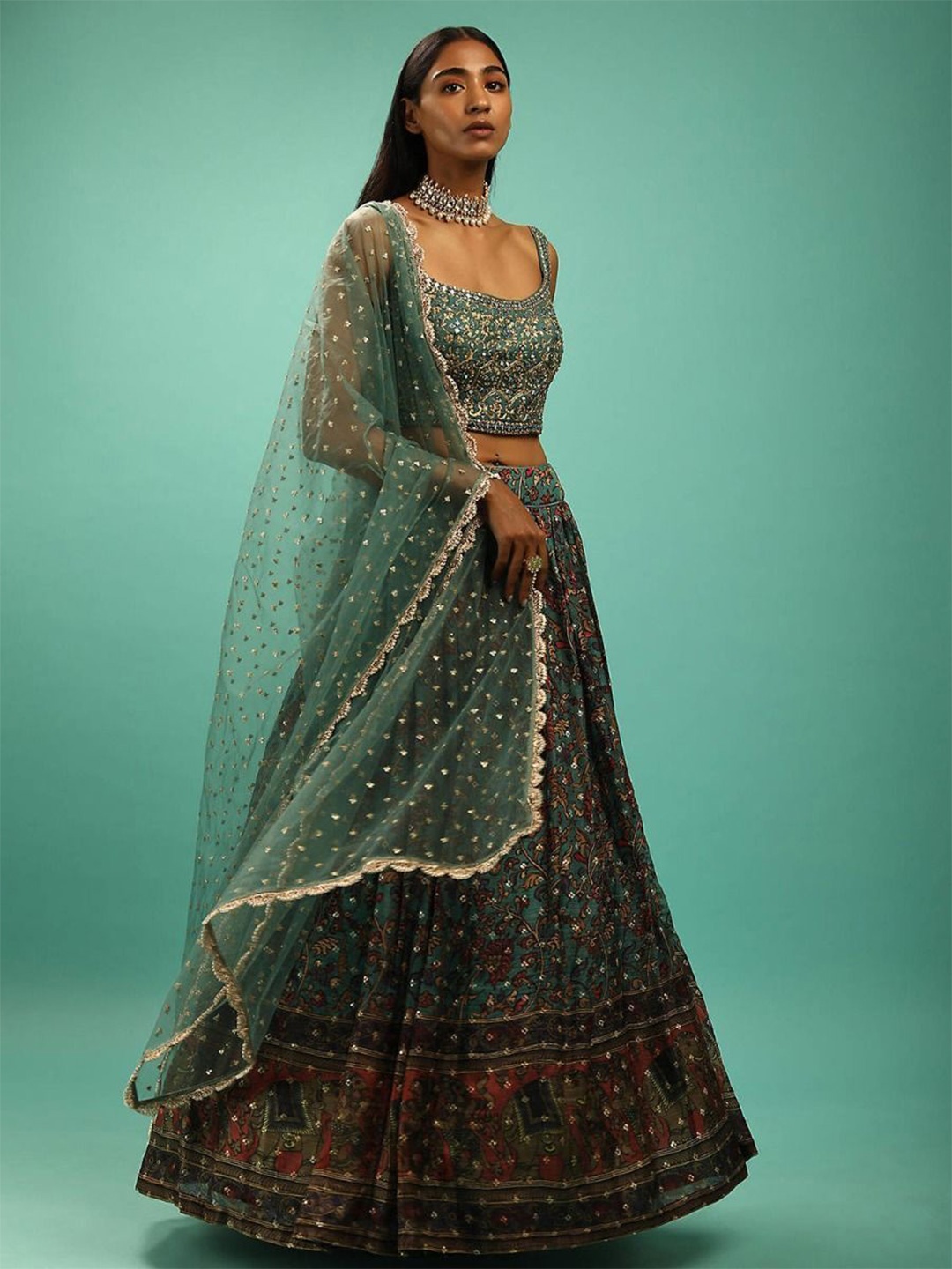 

JIHU CULTURE Embroidered Semi-Stitched Lehenga & Unstitched Blouse With Dupatta, Green