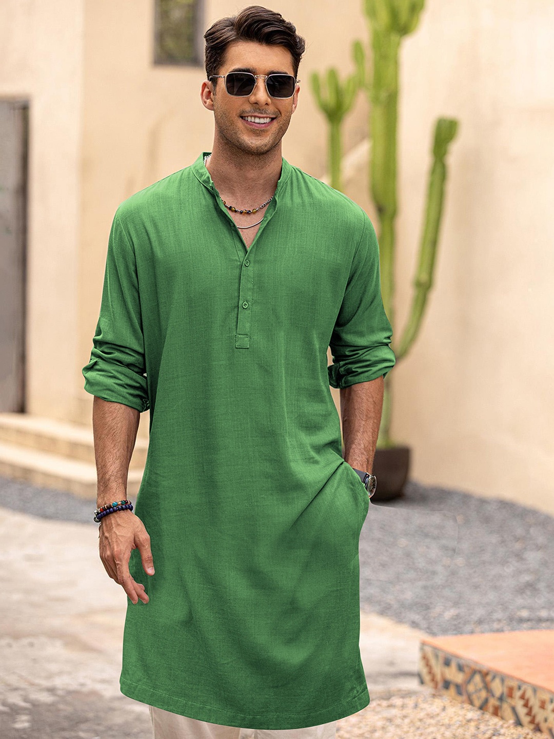 

Anouk Green Band Collar Roll-Up Sleeve Straight Kurta