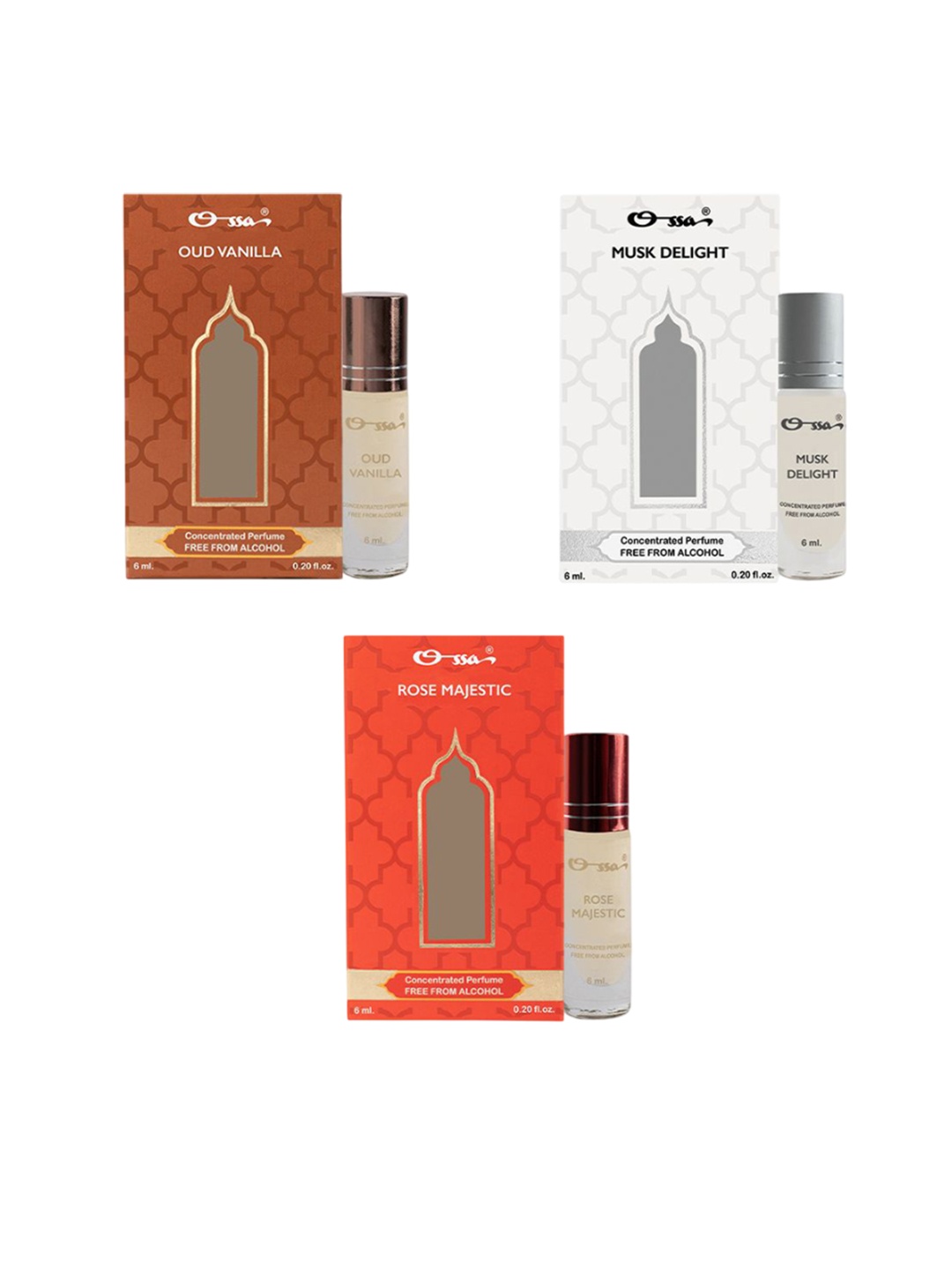 

Ossa Set Of 3 Oud Vanilla, Musk Delight & Rose Majestic Alcohol Free Attar - 6 ml Each, White