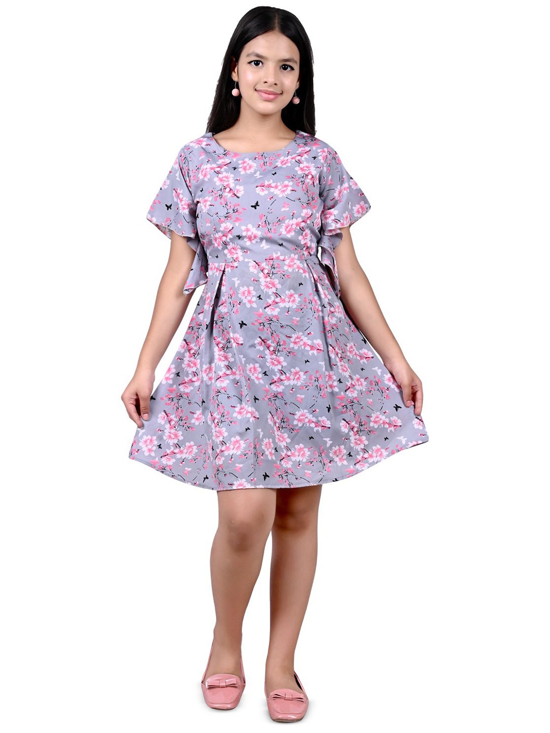 

NEYSA Girls Floral Printed Crepe Fit & Flare Dress, Grey