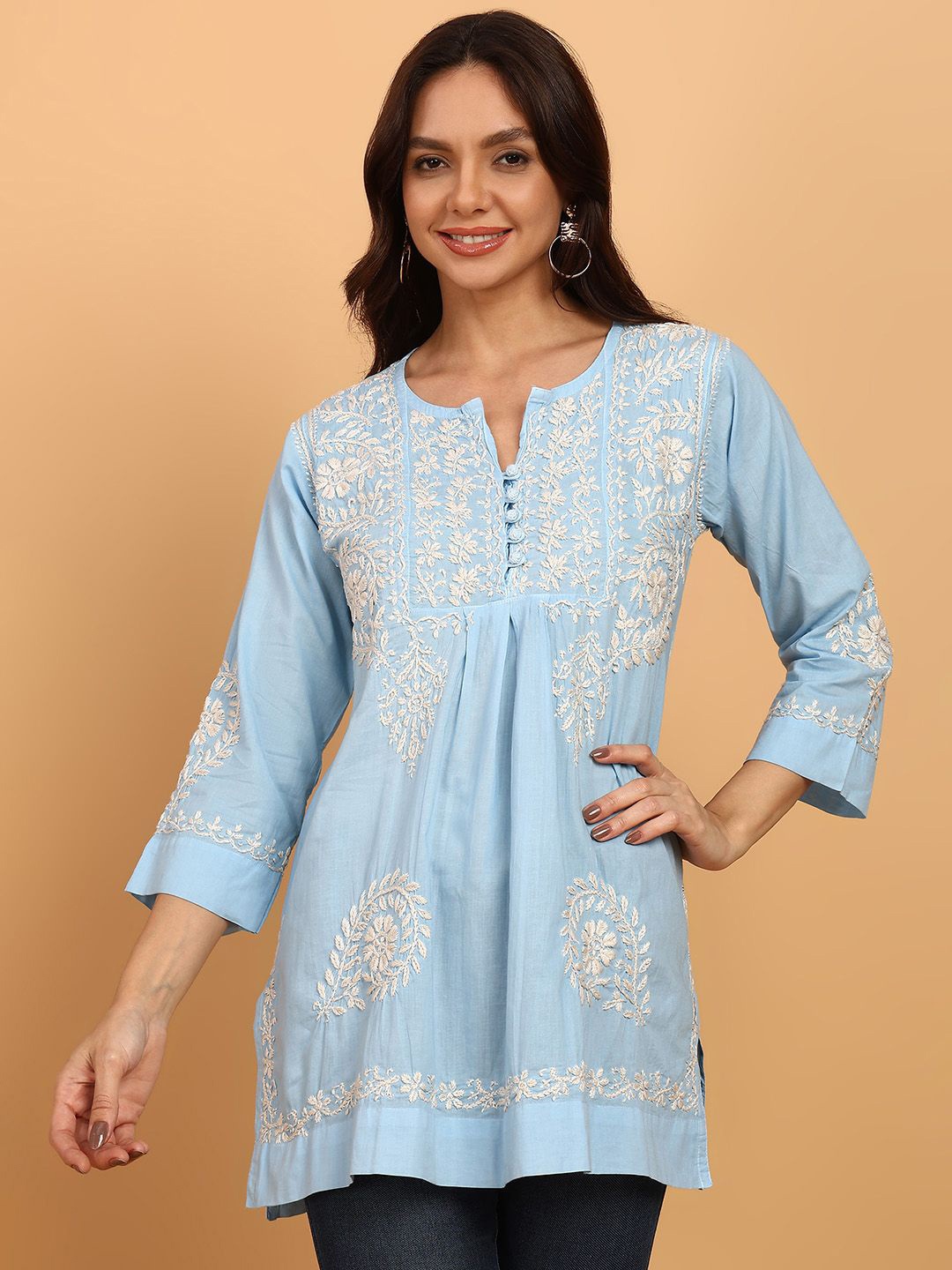 

VAHSON Ethnic Motifs Embroidered V-Neck Chikankari Pure Cotton Chikankari Pleated Kurti, Blue