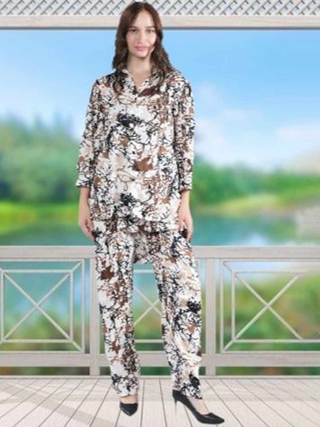 

NEYSA Abstract Printed Shirt Collar Shirt And Trousers, Brown
