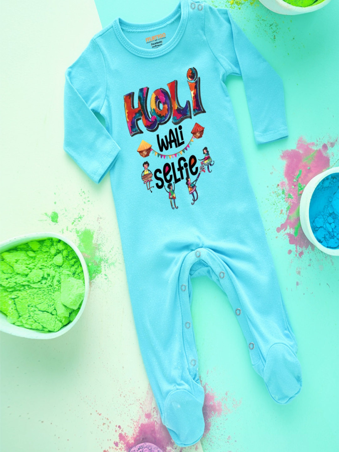

FFLIRTYGO Infants Holi Printed Cotton Sleepsuit, Turquoise blue