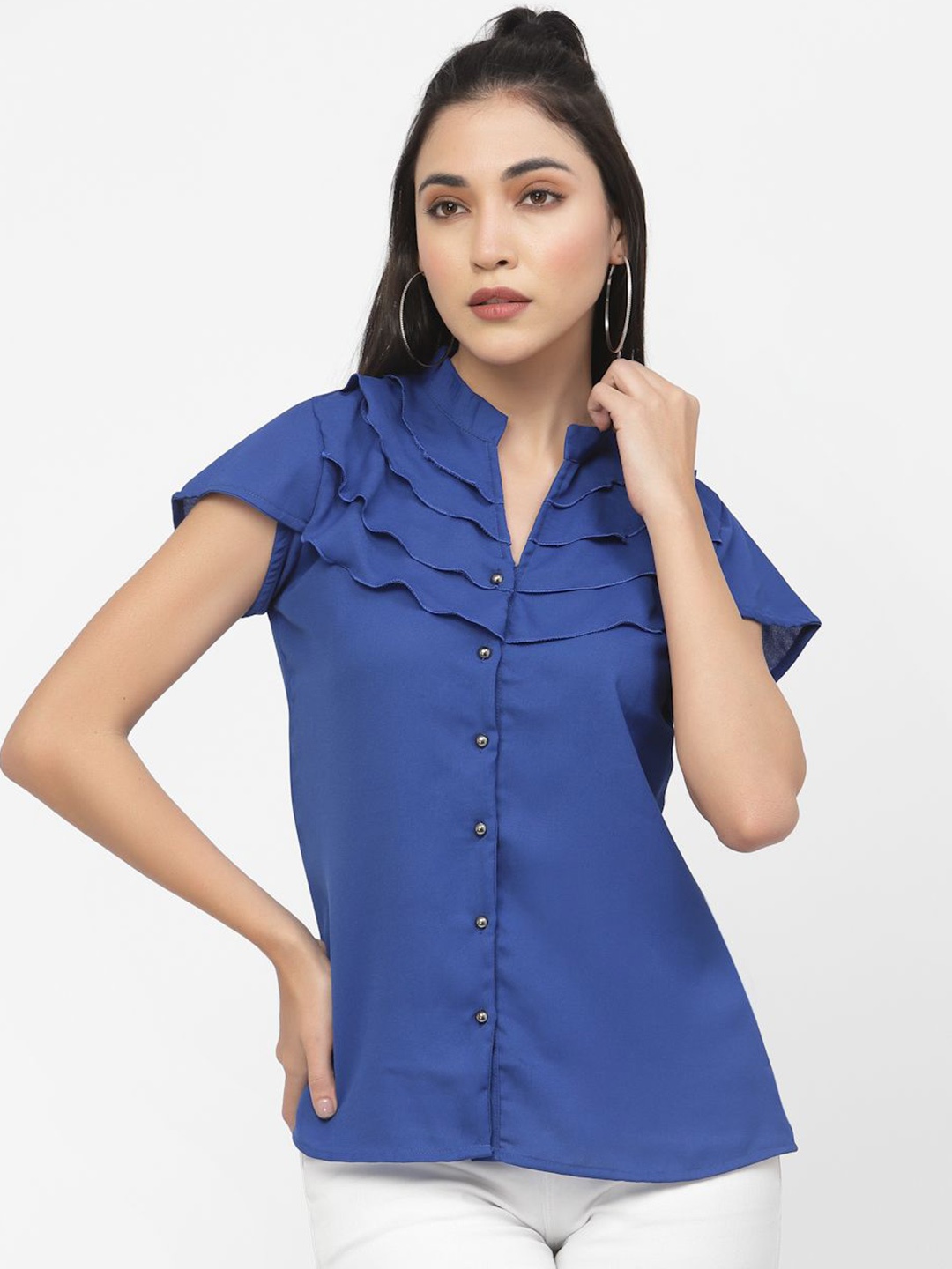 

DELIS Women Mandarin Collar Top, Blue