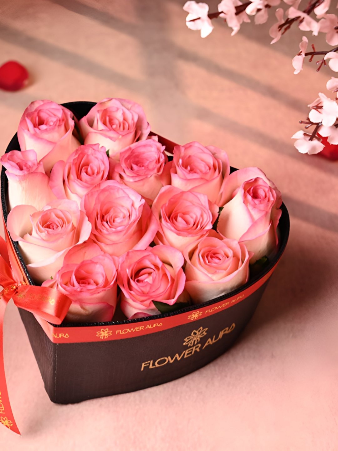 

Floweraura Pink & Black 13 Pieces Roses Fresh Flowers With Heart Box