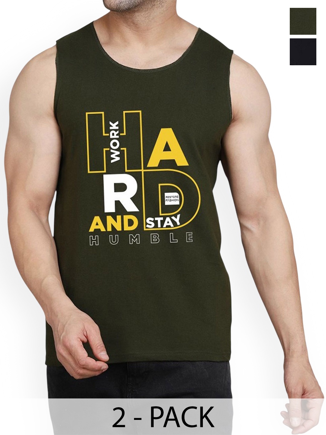 

WOOSTRO Pack Of 2 Printed Combed Cotton Gym Vest RS26 CMB (HARD OLIVE) (MORE BLACK)