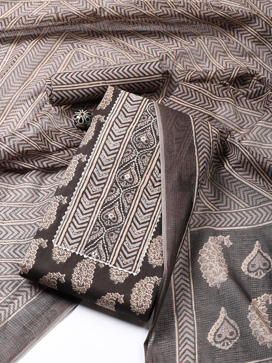 

Meena Bazaar Ethnic Motifs Printed Unstitched Dress Material, Grey