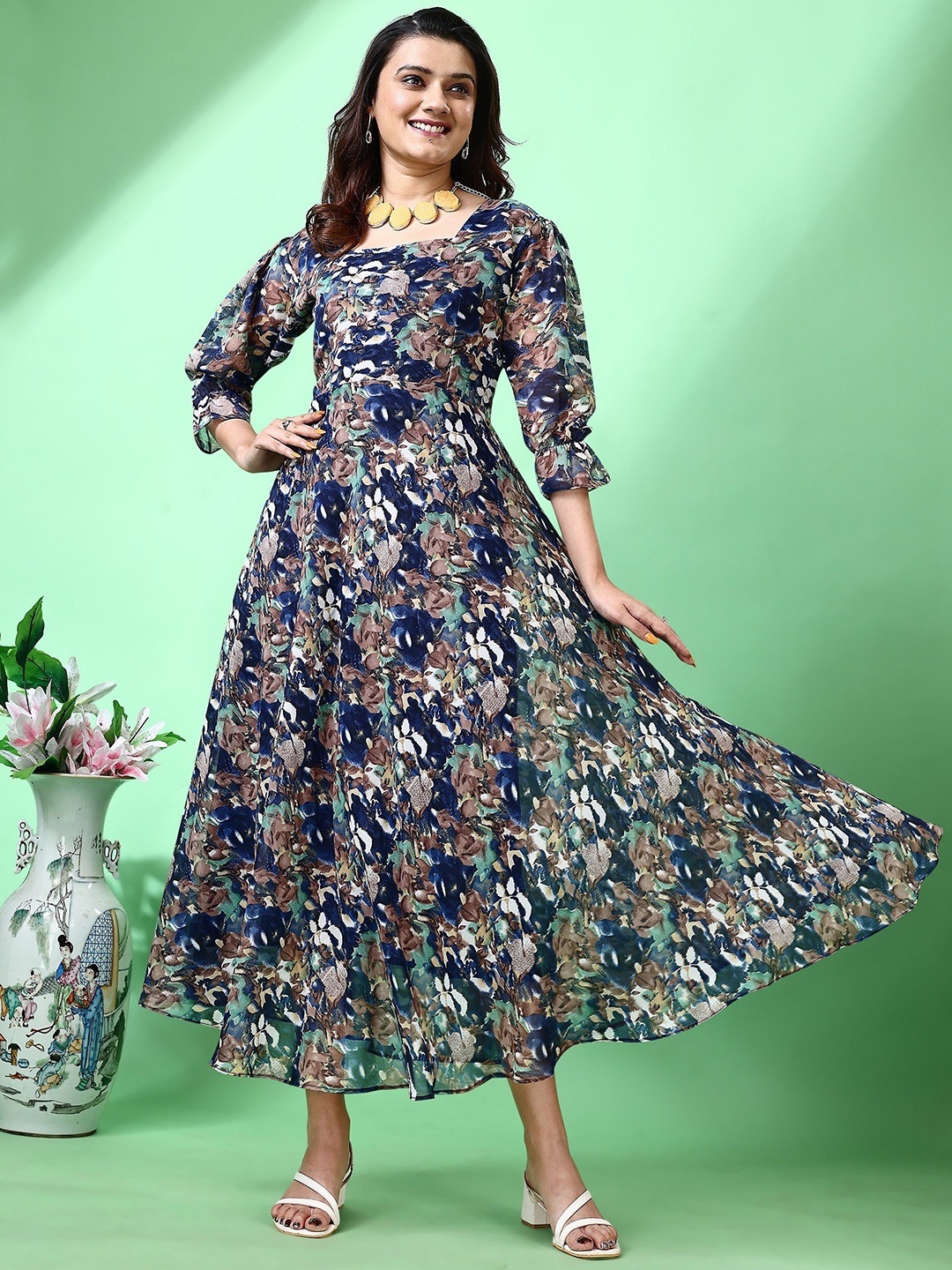 

Fashion2wear Women Floral Printed A-Line Midi Dress, Blue