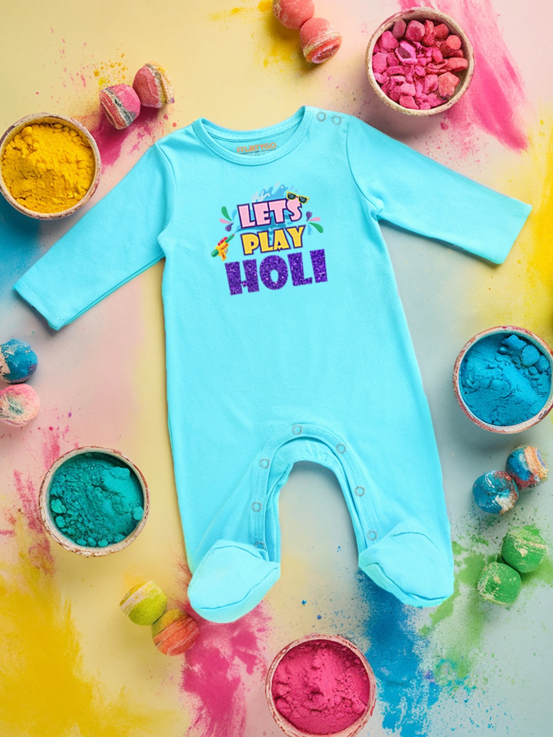 

FFLIRTYGO Infants Holi Printed Cotton Sleepsuit, Turquoise blue