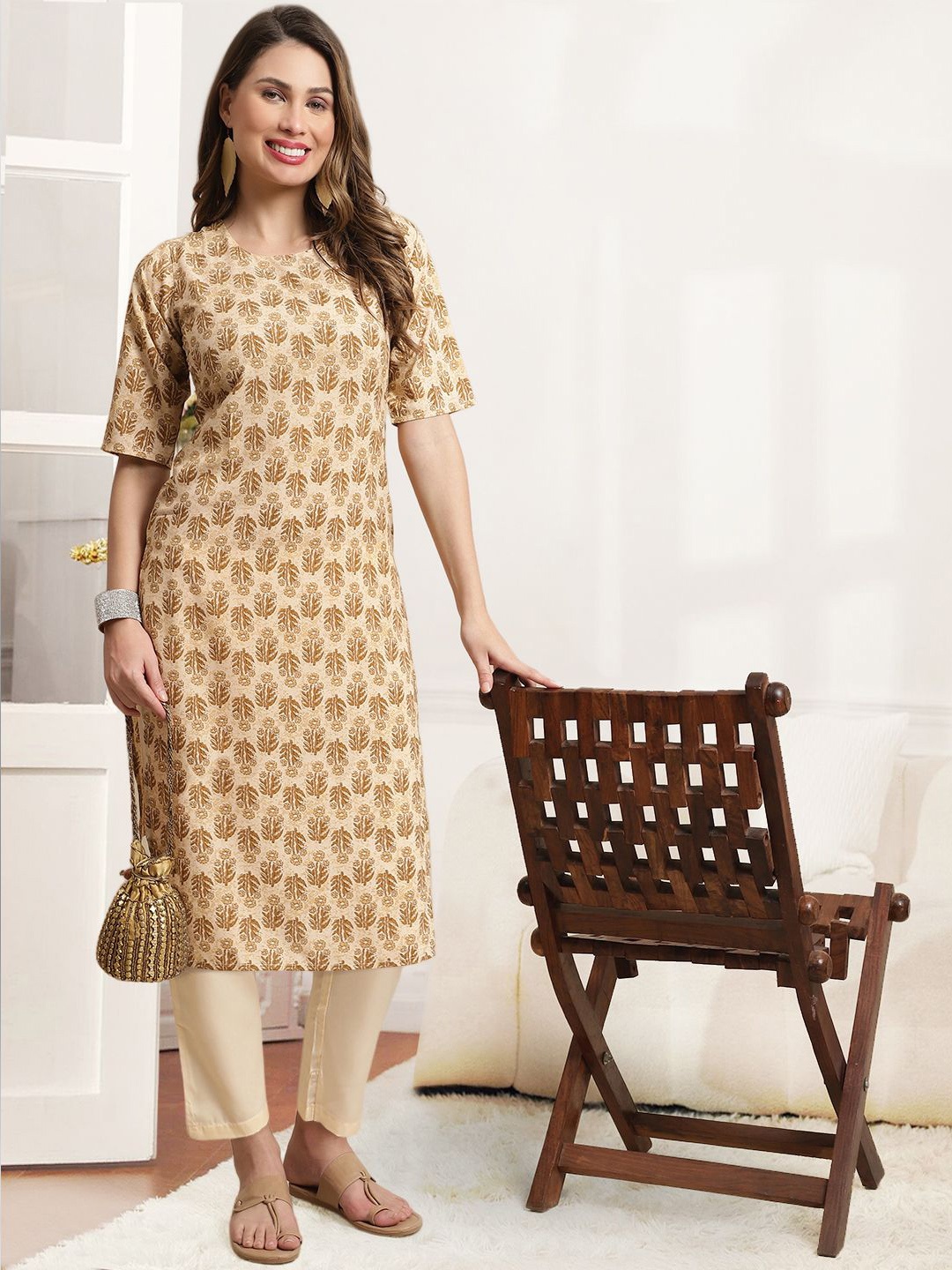 

7Threads Ethnic Motifs Printed Round Neck Straight Kurta With Trouser, Beige