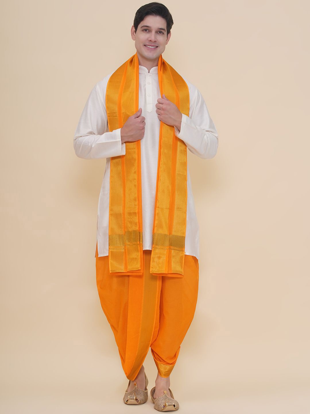 

Sethukrishna Mandarin Collar Art Silk Straight Kurta With Dhoti Pants And Angavastram, White