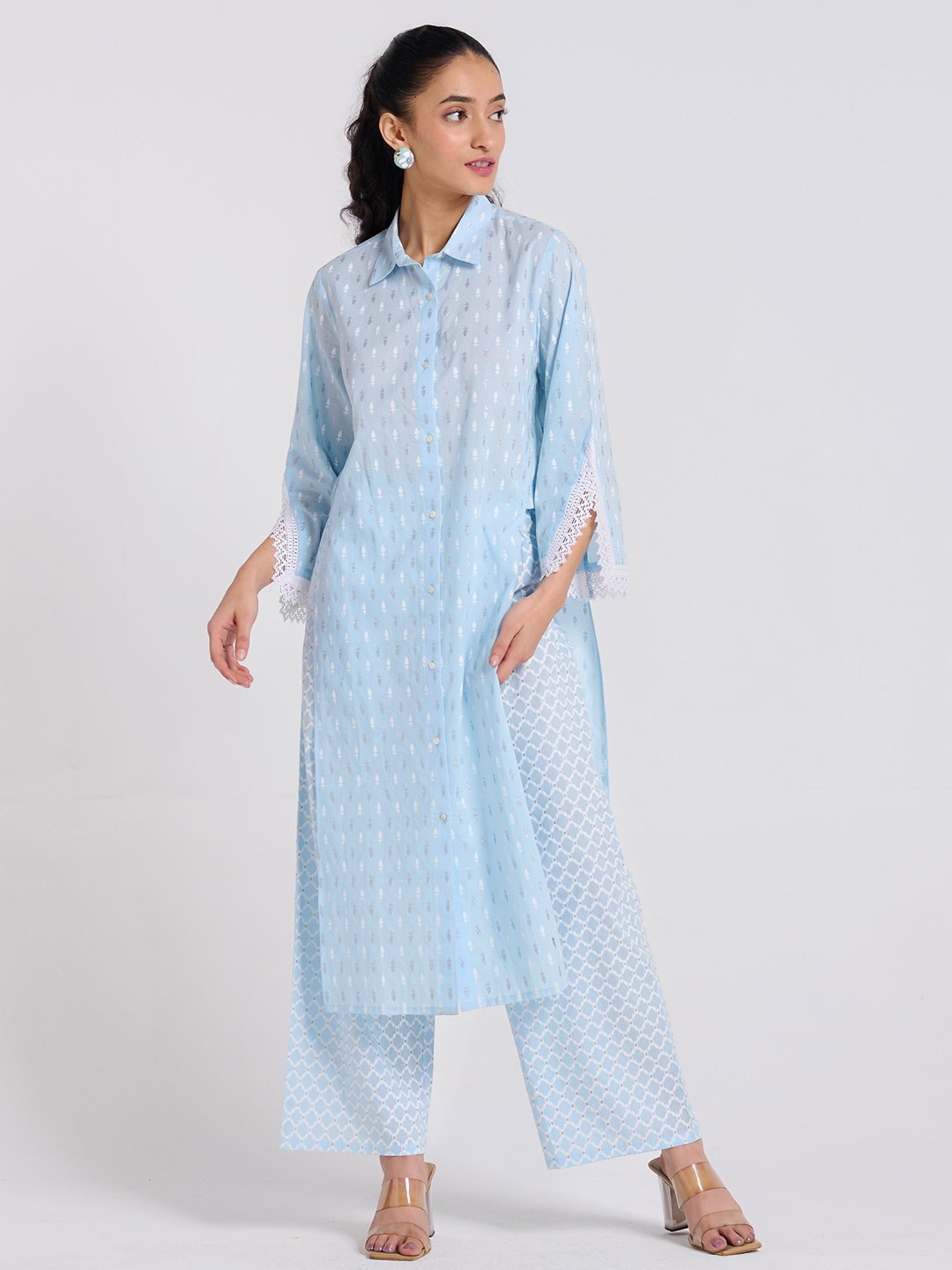 

Rustorange Women Ethnic Motifs Printed Regular Pure Cotton Kurta with Palazzo, Blue