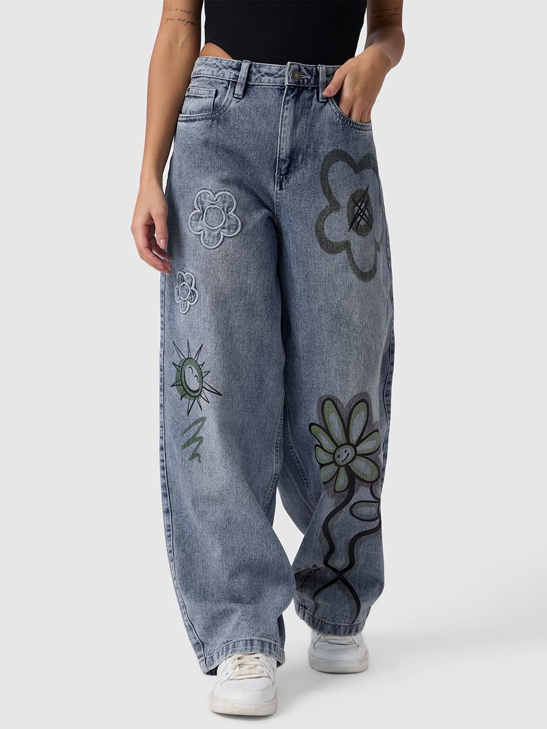 

The Souled Store Women Denim Floral Blue Baggy Fit Jeans