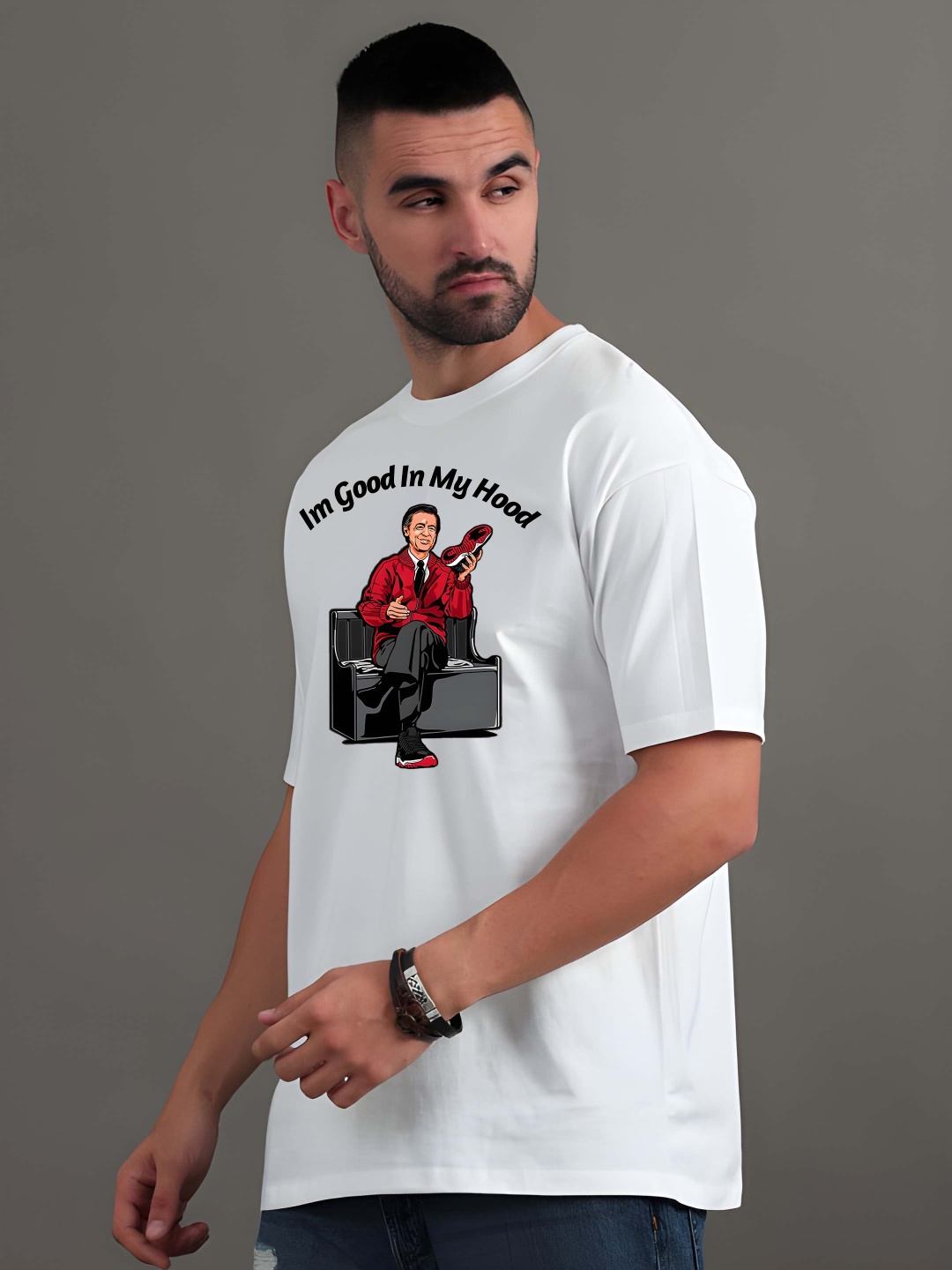 

BOWLIFESTYLE Men Graphic Printed Round Neck Cotton Oversized T-shirt, White