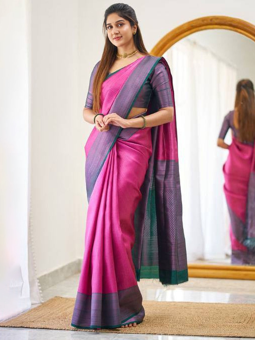 

bansari textiles Woven Design Zari Banarasi Saree, Pink