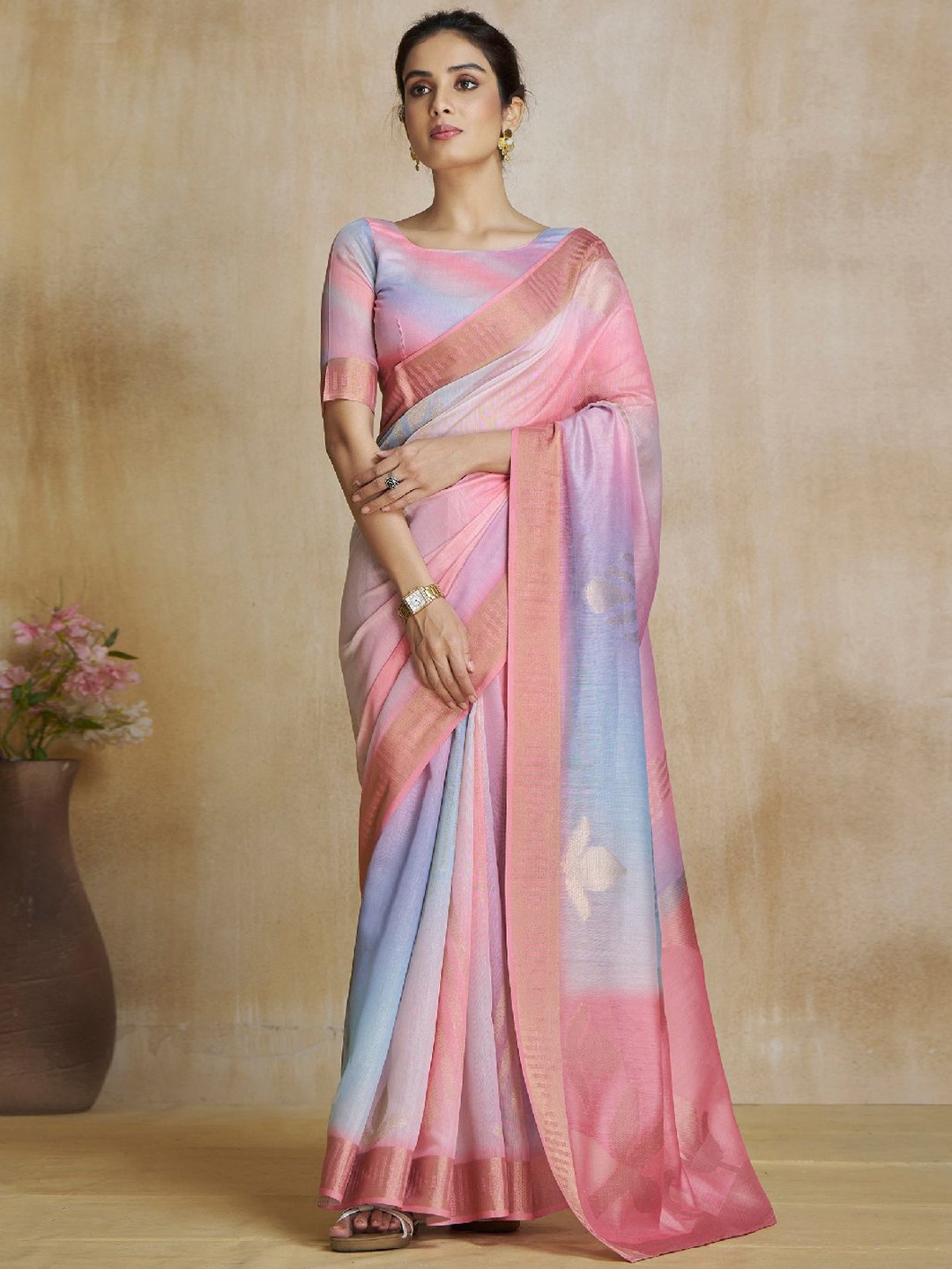 

Mitera Woven Design Zari Silk Blend Saree, Pink