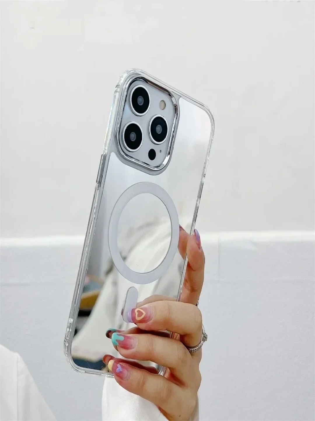 

Luxury Kase LK137 Solid iPhone 15 Pro Makeup Mirror Magnetic Mag-Safe Back Case, Silver