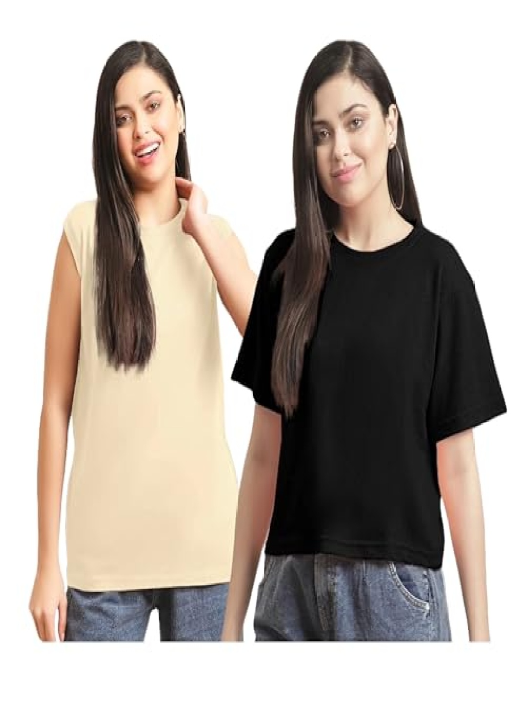 

NOTWILD Women Pack Of 2 Solid Round Neck Cotton T-shirts, Beige