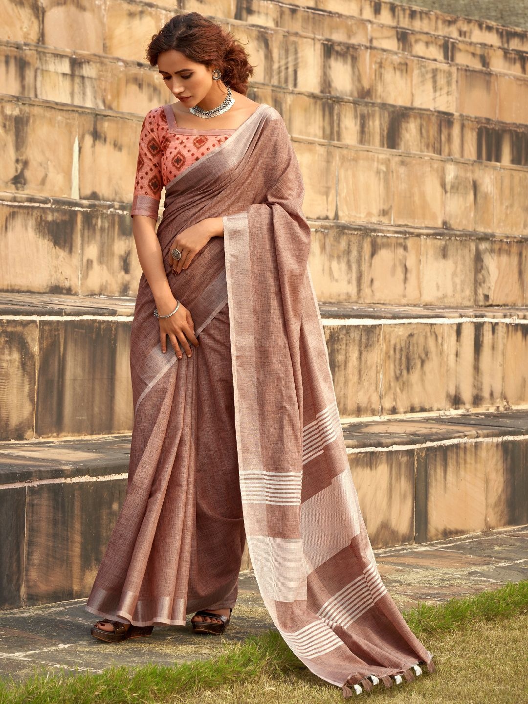 

Mitera Solid Saree With Woven Design Border, Brown