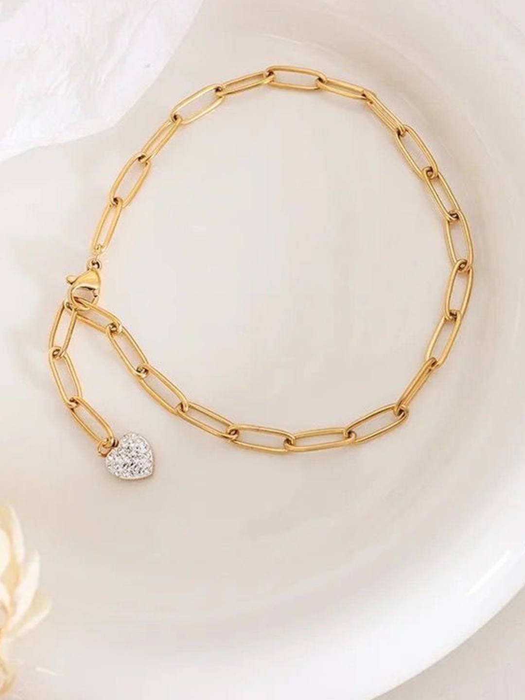 

Inaya 18KT Gold-Plated Stainless Steel Paperclip Zircon Studded Heart Droplet Anklet
