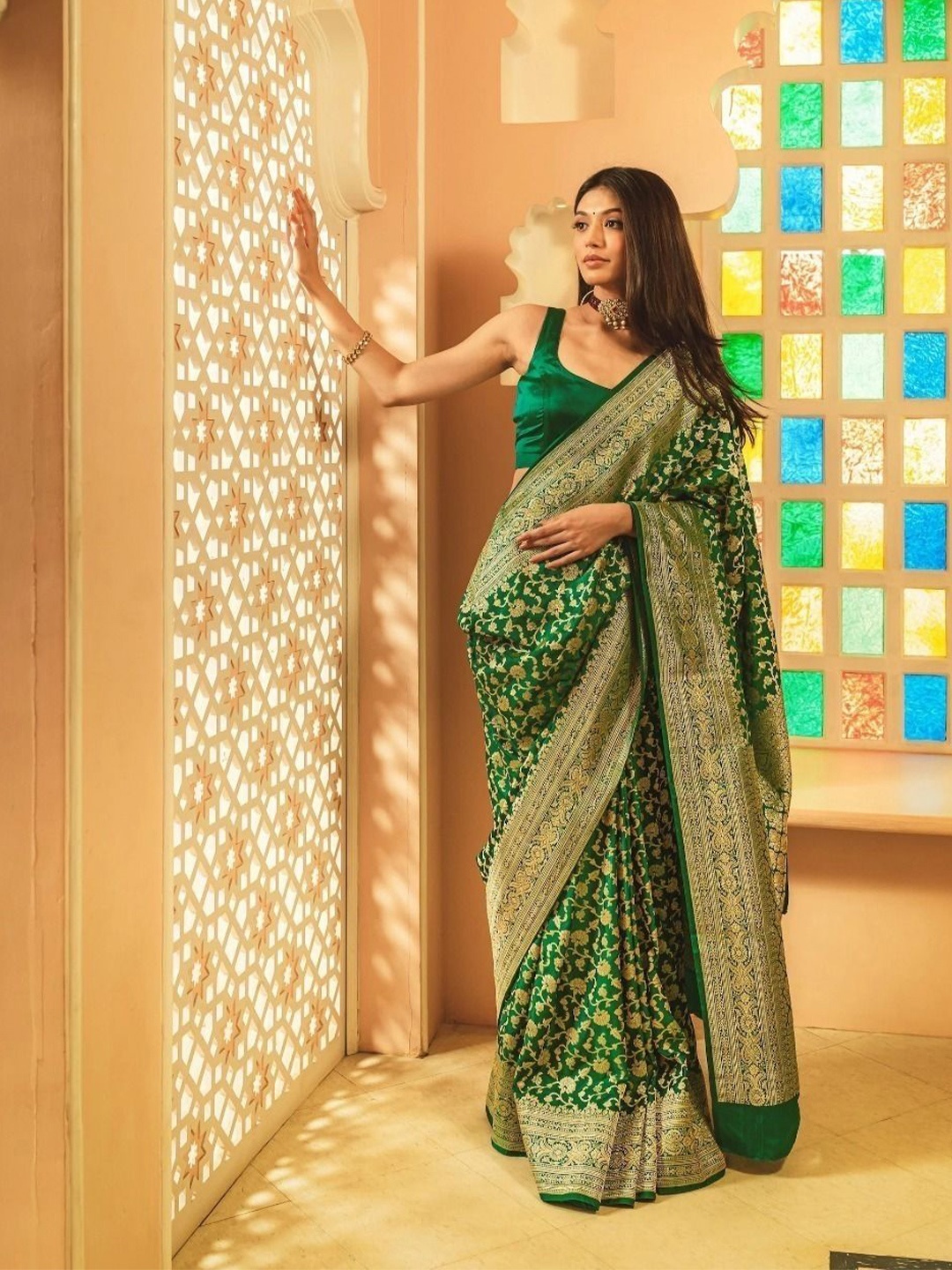 

bansari textiles Woven Design Zari Kanjeevaram Saree, Green