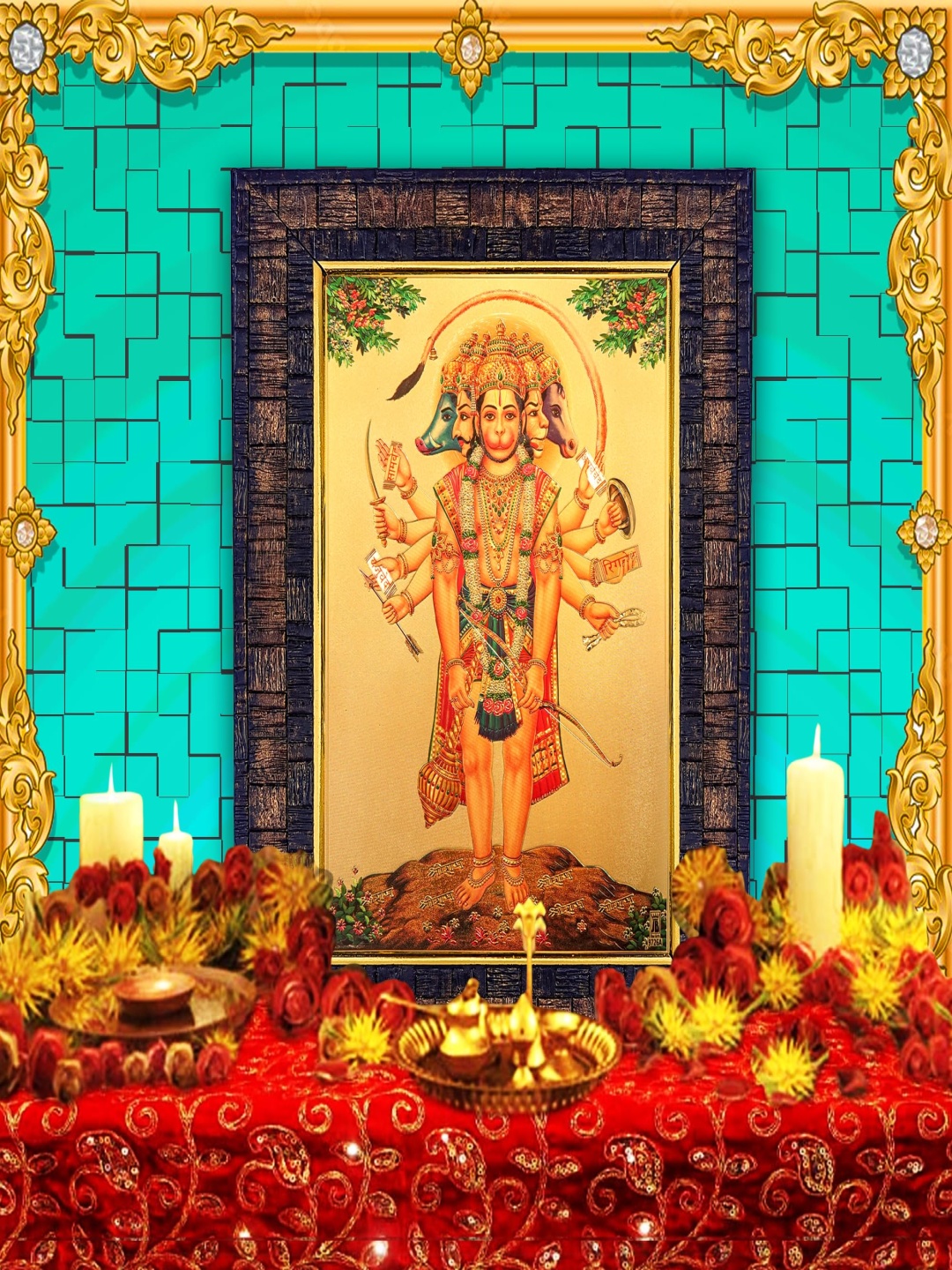 

Hawai Gold-Toned Shree Panchmukhi Hanuman Bajrang Bali Wooden Photo Frame
