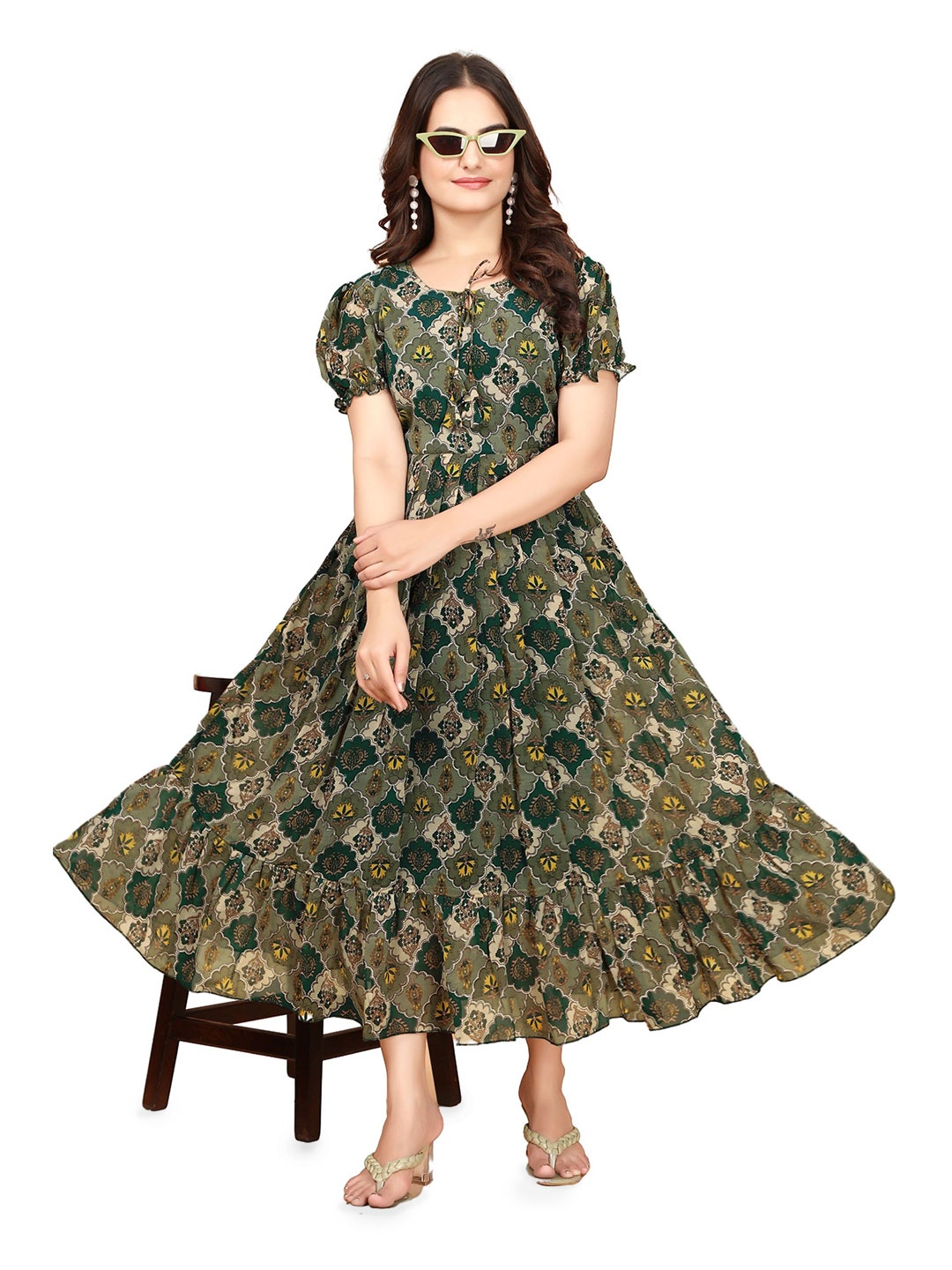 

Anouk Printed Tie-Ups Detail Georgette Maxi Dress, Green