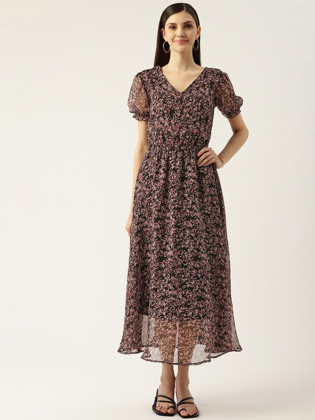 

DressBerry Floral Print Puff Sleeve Chiffon Fit & Flare Midi Dress, Black