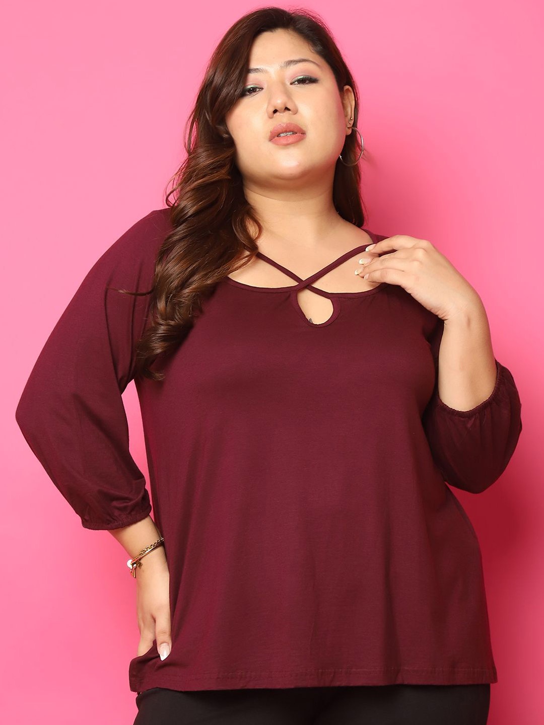 

theRebelinme Plus Size Cut Out Puff Sleeves Top, Maroon