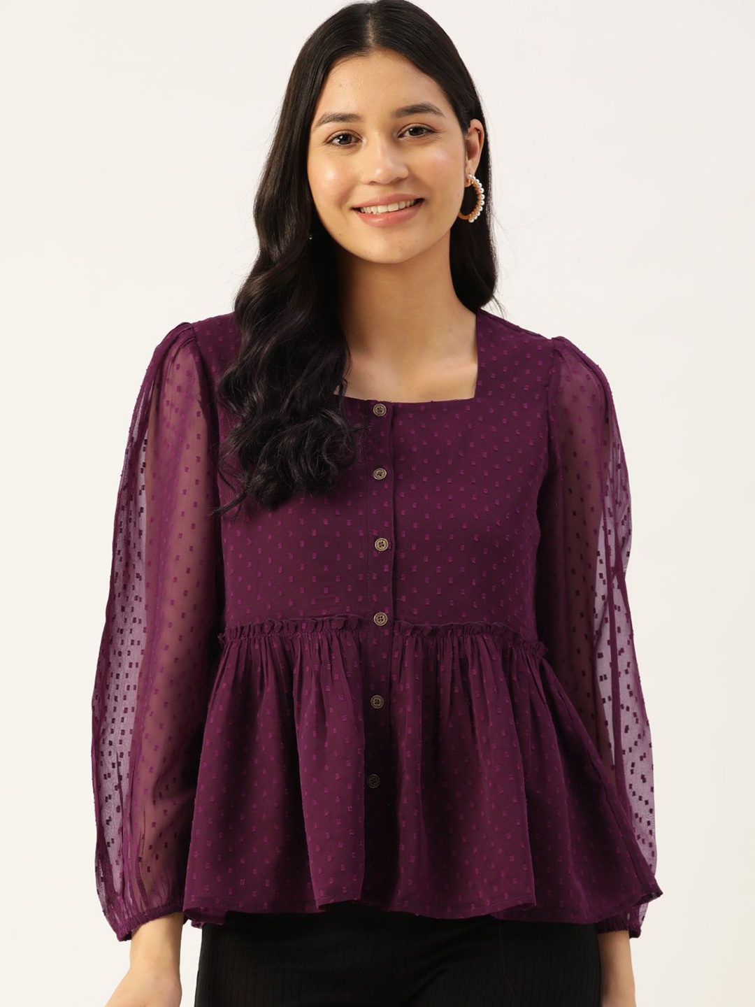 

Moda Rapido Women Self Design Square Neck Puff Sleeve Peplum Top, Purple
