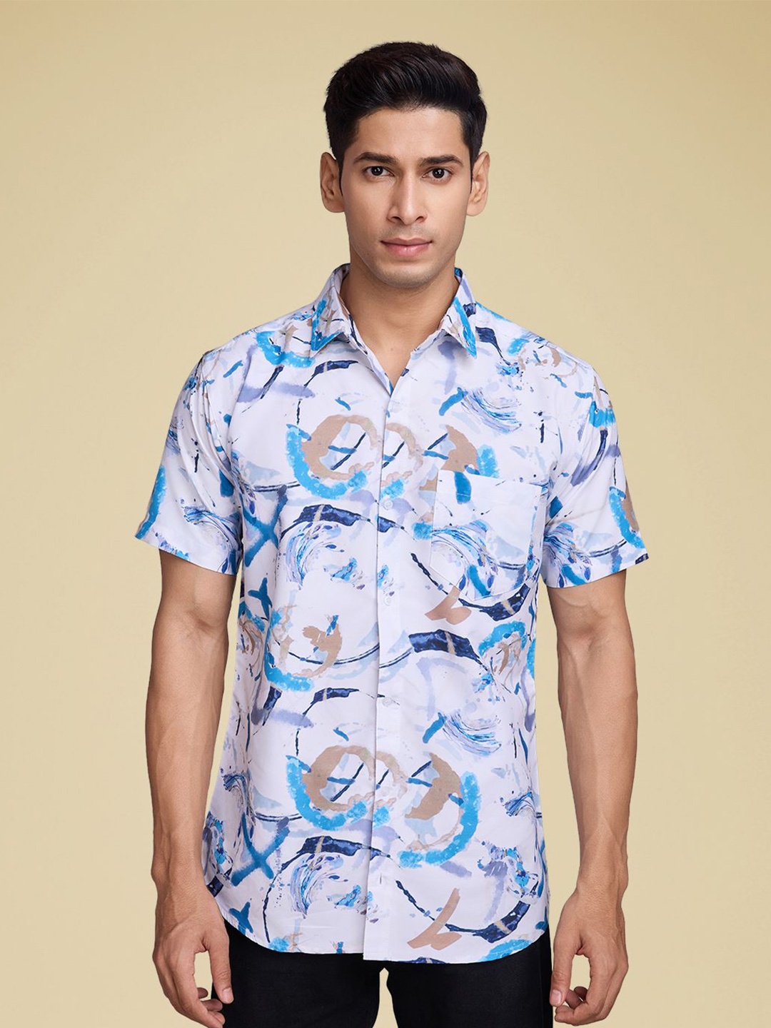 

SZN Men Standard Fit Spread Collar Abstract Printed Cotton Casual Shirt, White