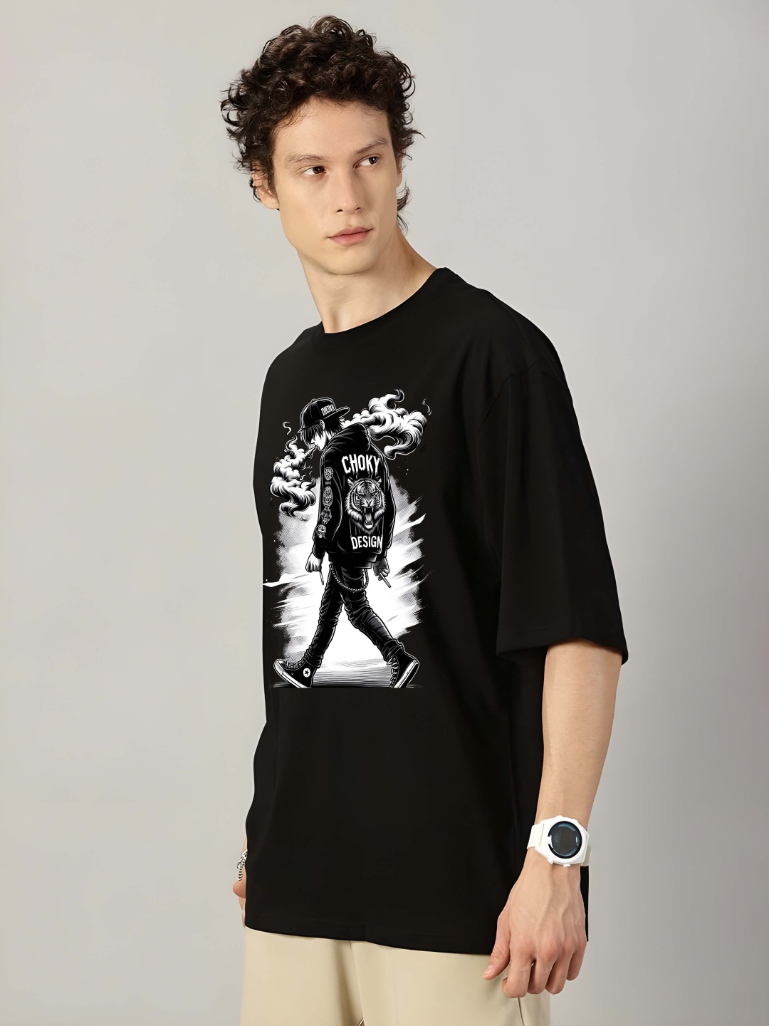 

Krimmple Men Graphic Printed Round Neck Cotton Oversized T-shirt, Black