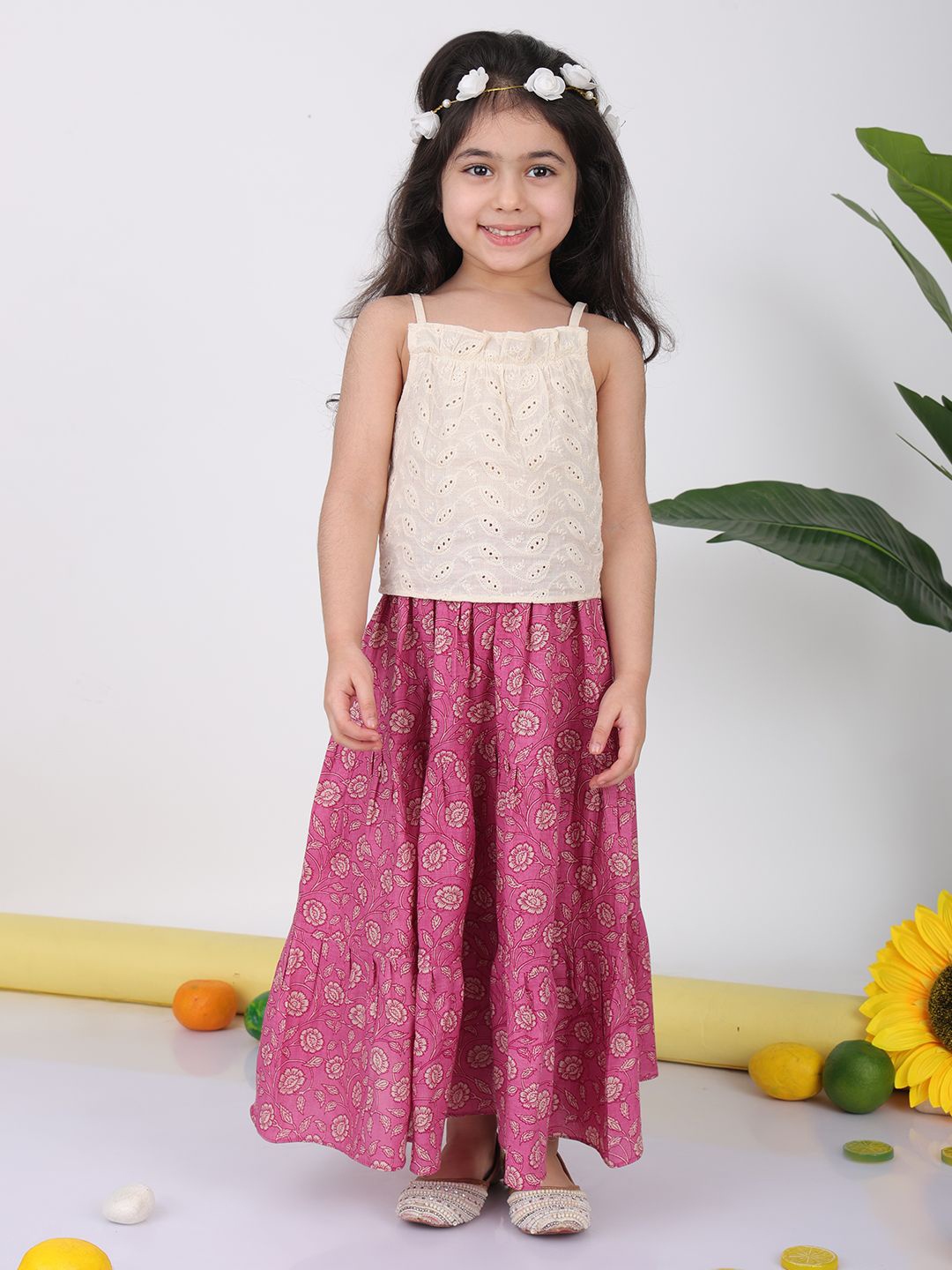 

Sangria Girls Floral Printed Cotton Lehenga With Hakoba Top, Pink