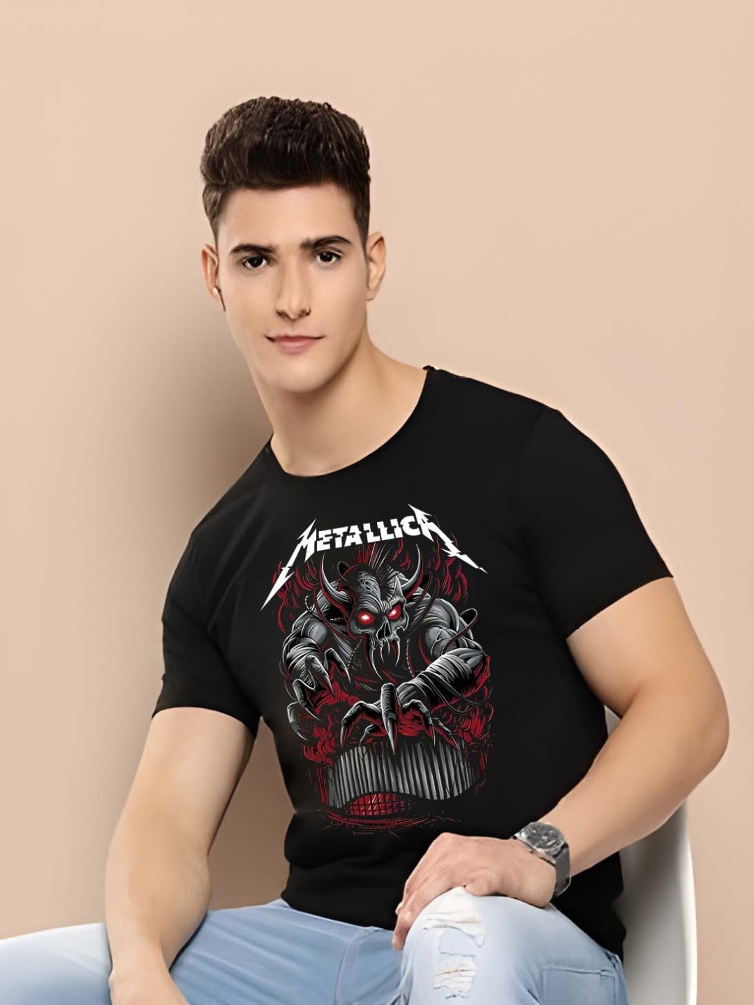 

Krimmple Men Graphic Printed Round Neck Cotton T-shirt, Black