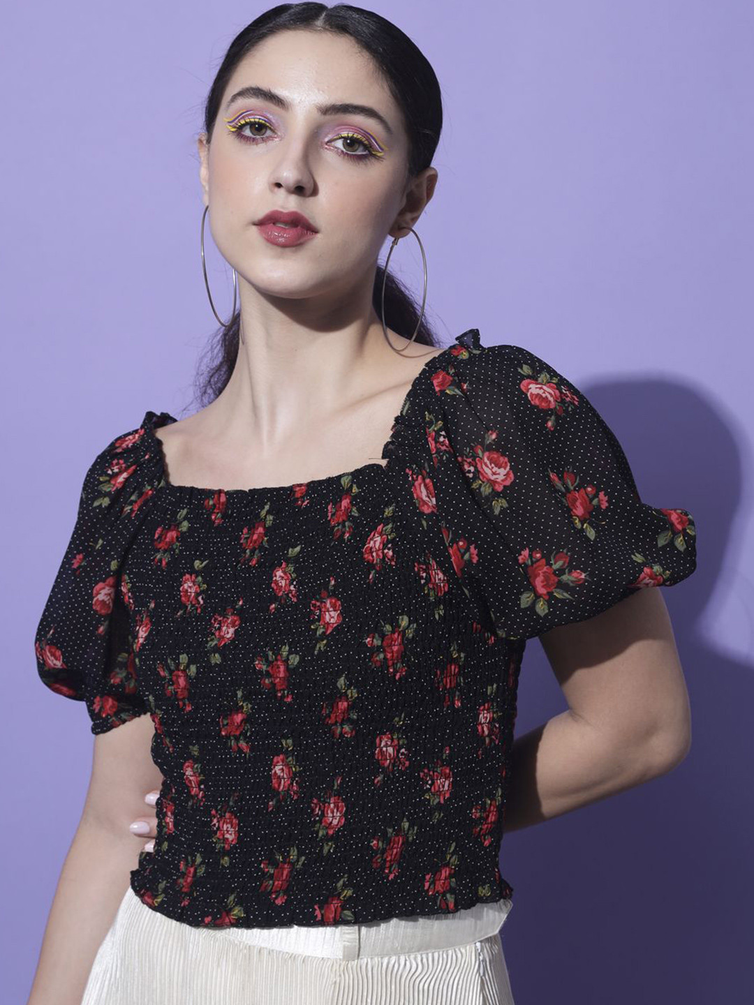 

Moda Rapido Floral Print Puff Sleeve Georgette Crop Top, Black