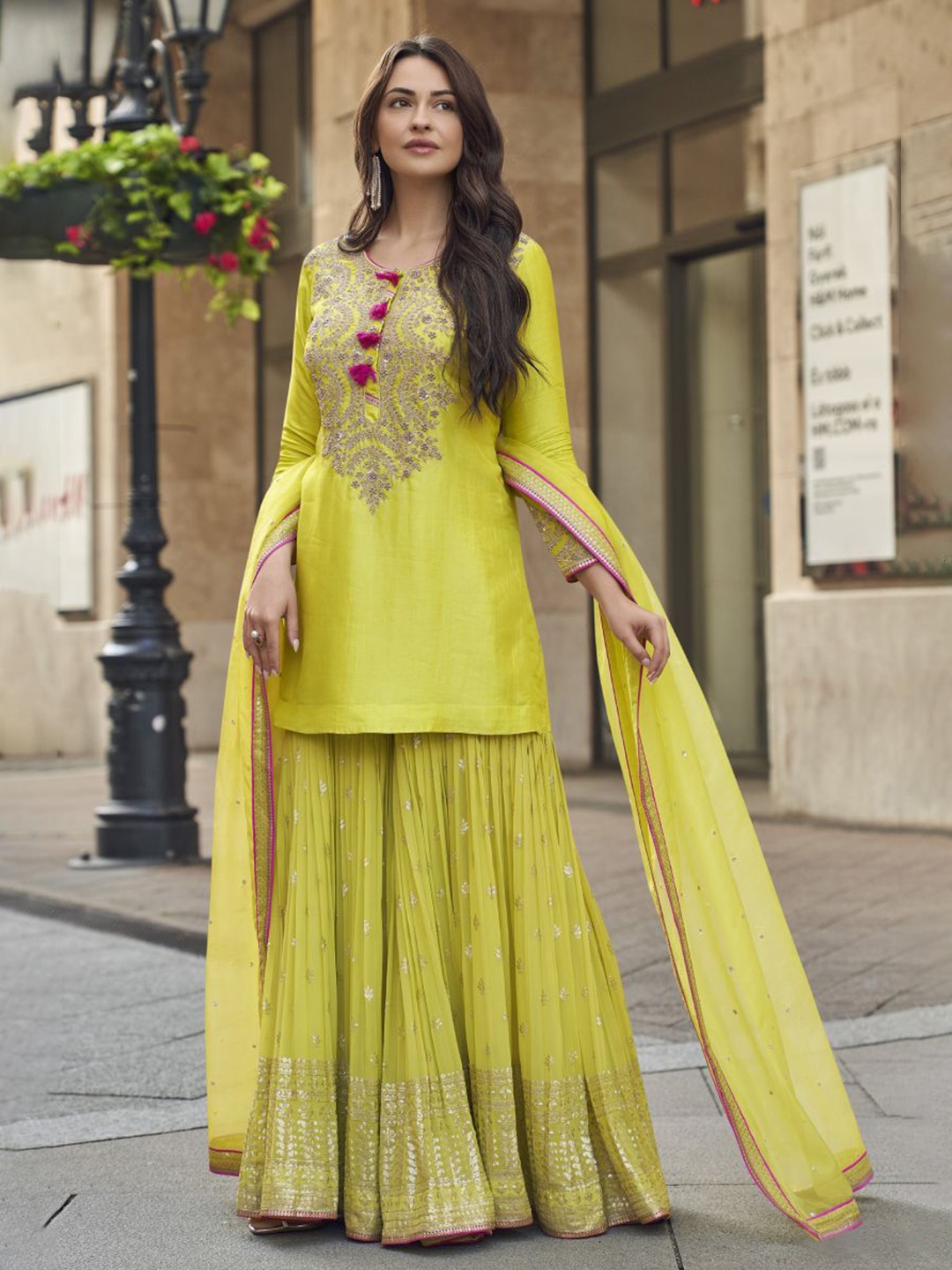 

SAMAAYA JAIPUR Floral Yoke Design Thread Work Georgette Kurta With Sharara & Dupatta, Olive