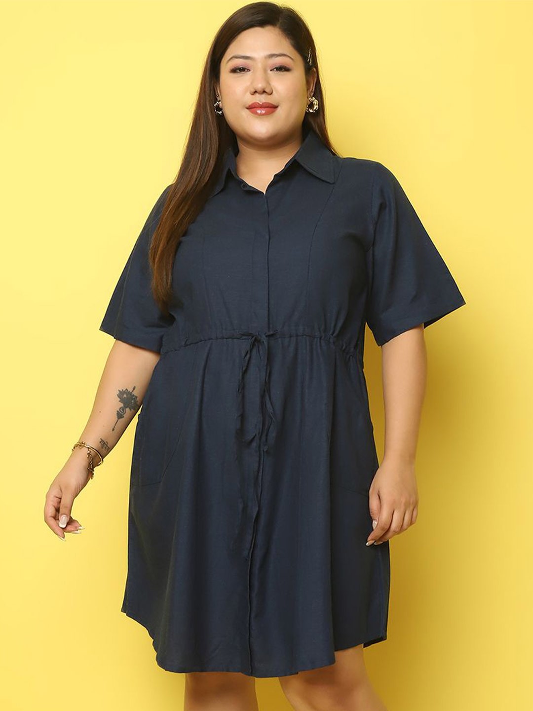 

theRebelinme Plus Size Tie-Ups Detail Linen Shirt Dress, Navy blue