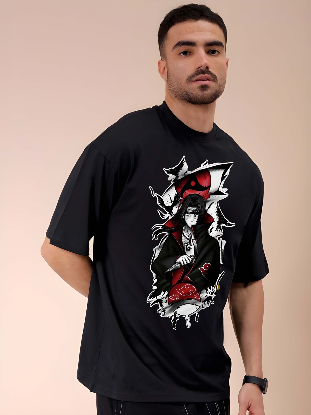 

Krimmple Men Naruto Graphic Printed Round Neck Cotton Oversized T-shirt, Black