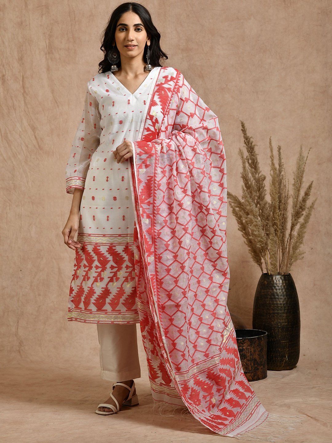 

Kasturi Creations Abstract Woven Design Pure Cotton Kurta With Trousers And Dupatta, White