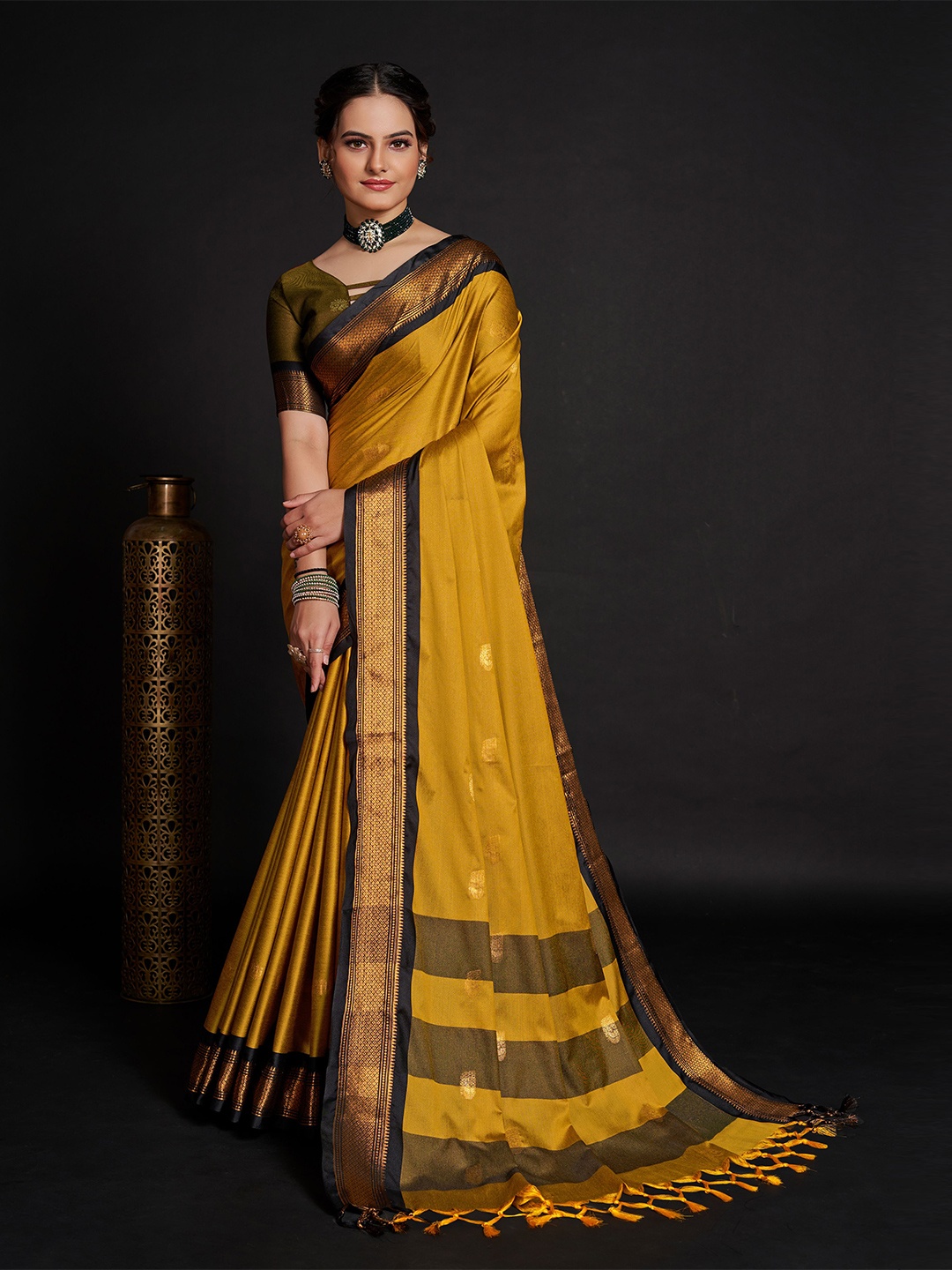 

bansari textiles Woven Design Zari Saree, Mustard