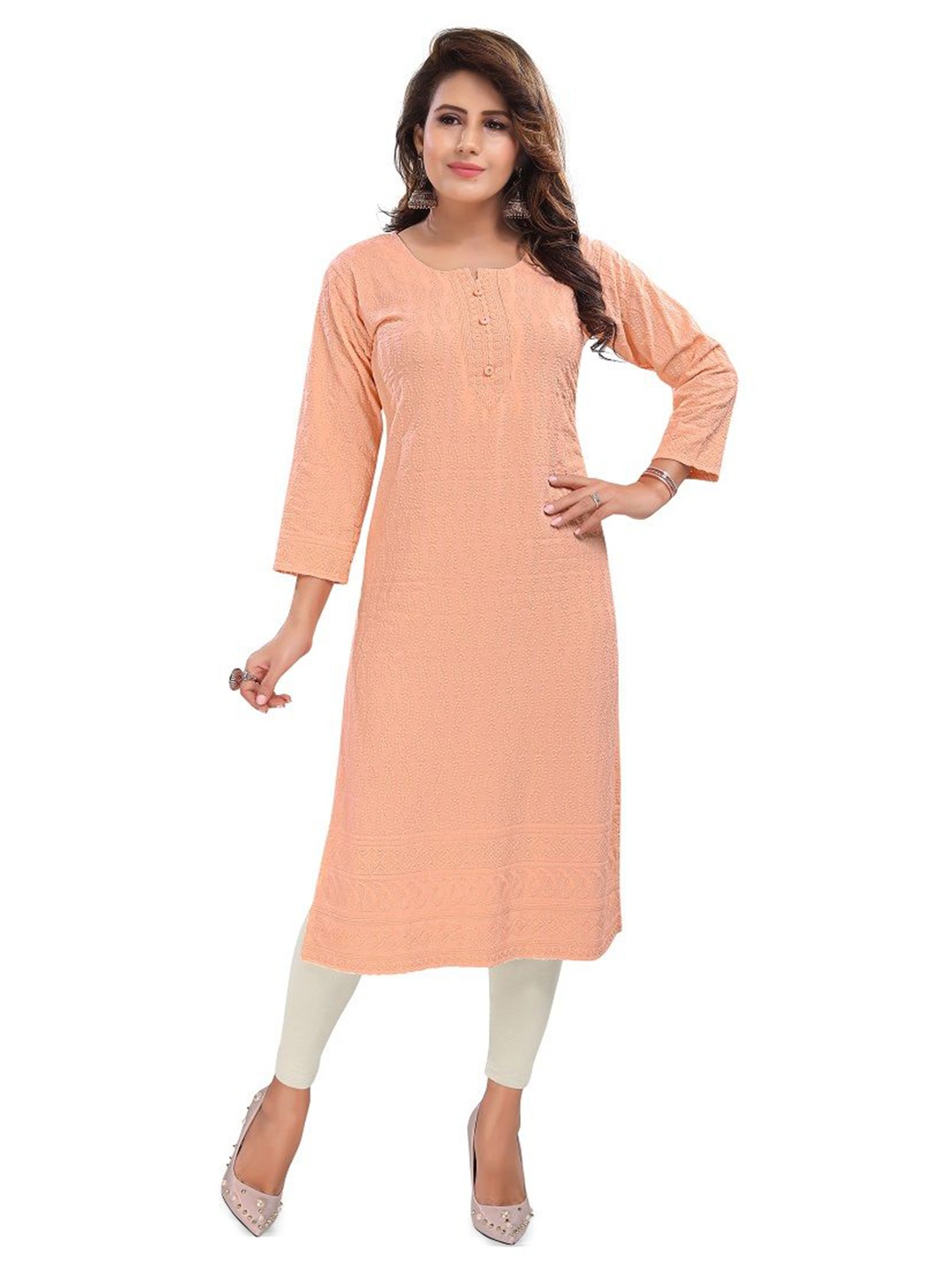 

DREAM & DZIRE Paisley Embroidered Chikankari Pure Cotton Straight Kurta, Peach
