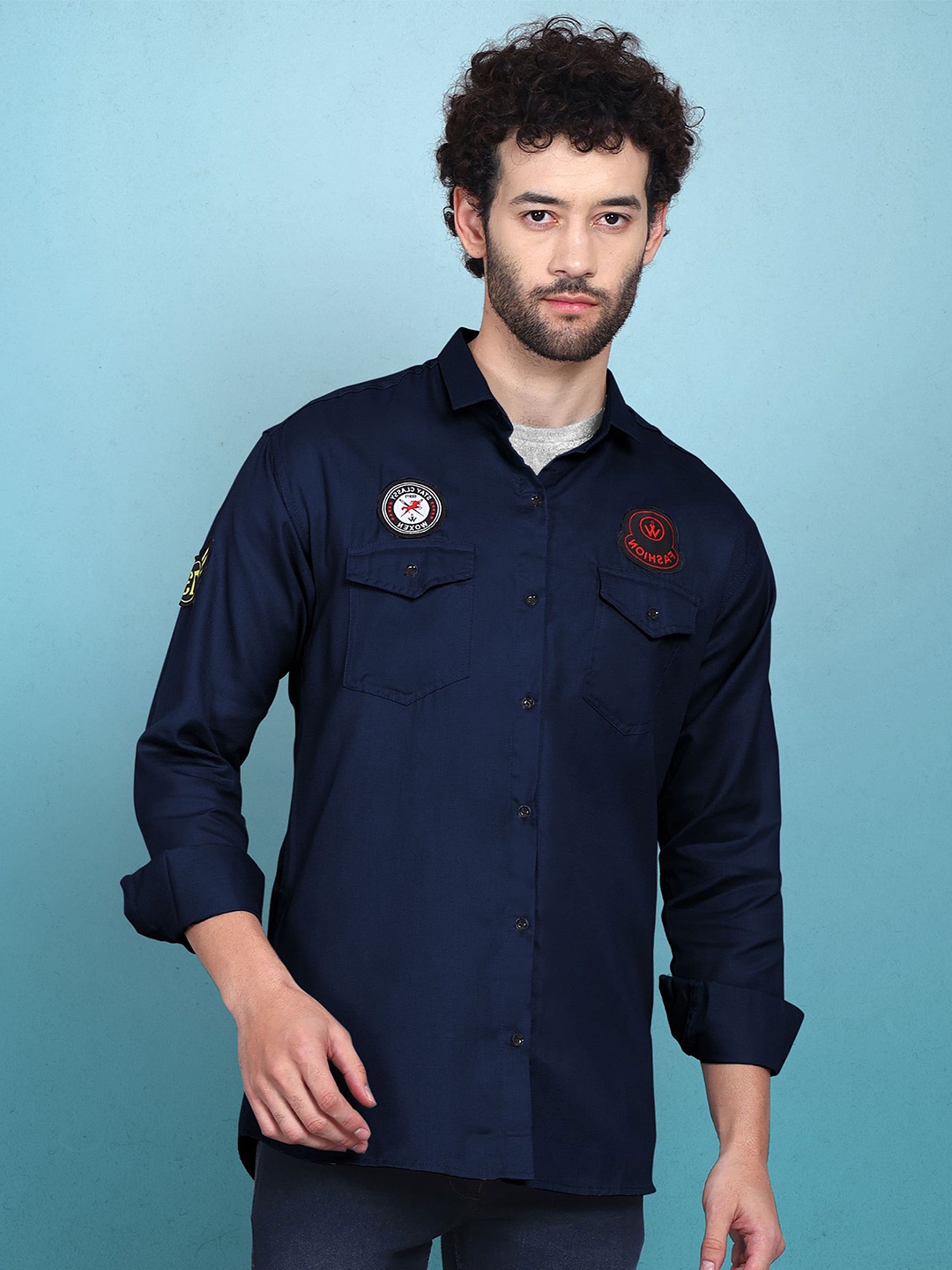 

WOXEN Men Original Fit Spread Collar Solid Cotton Casual Shirt, Navy blue