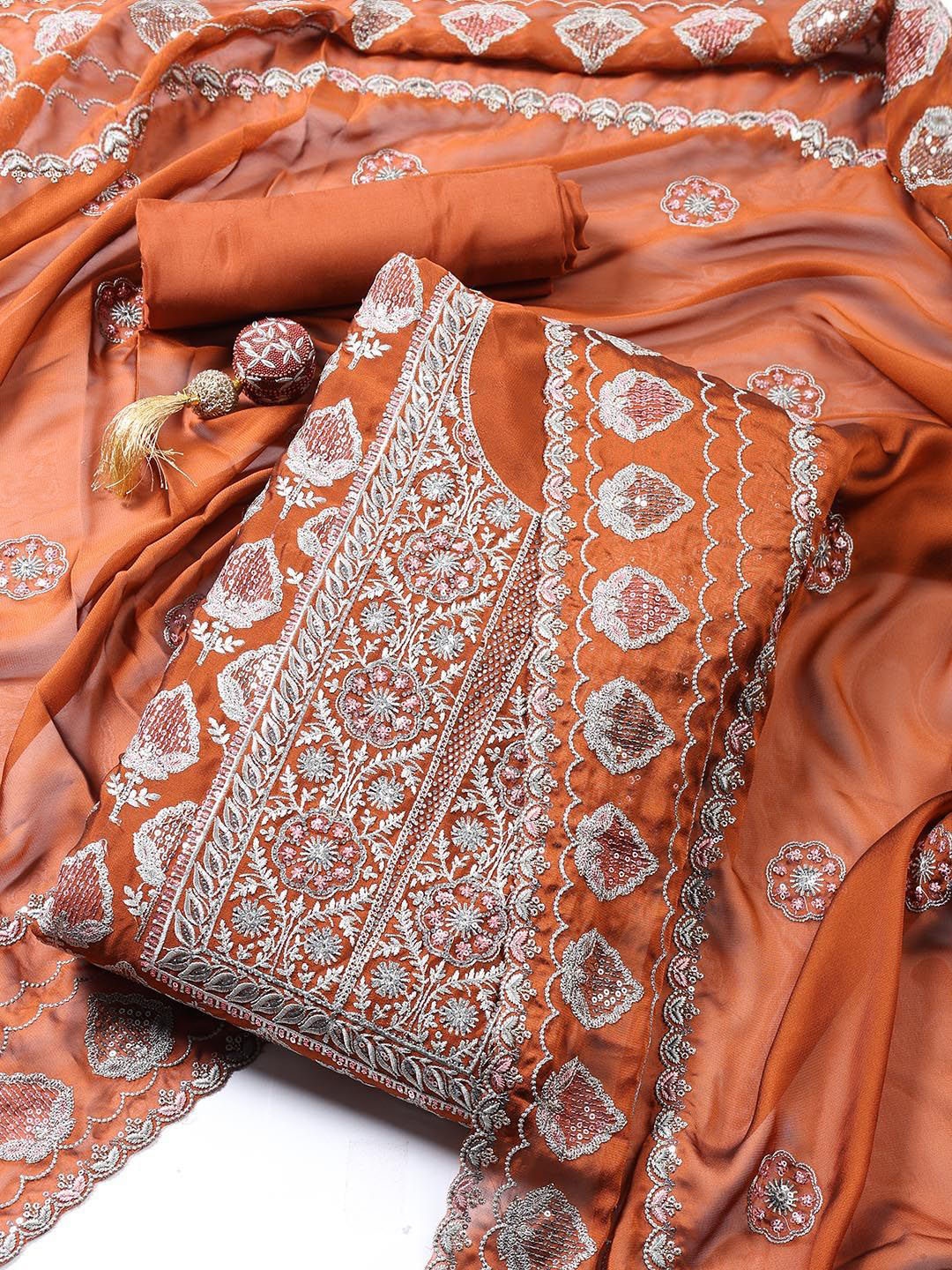 

Meena Bazaar Floral Embroidered Sequinned Organza Unstitched Dress Material, Rust