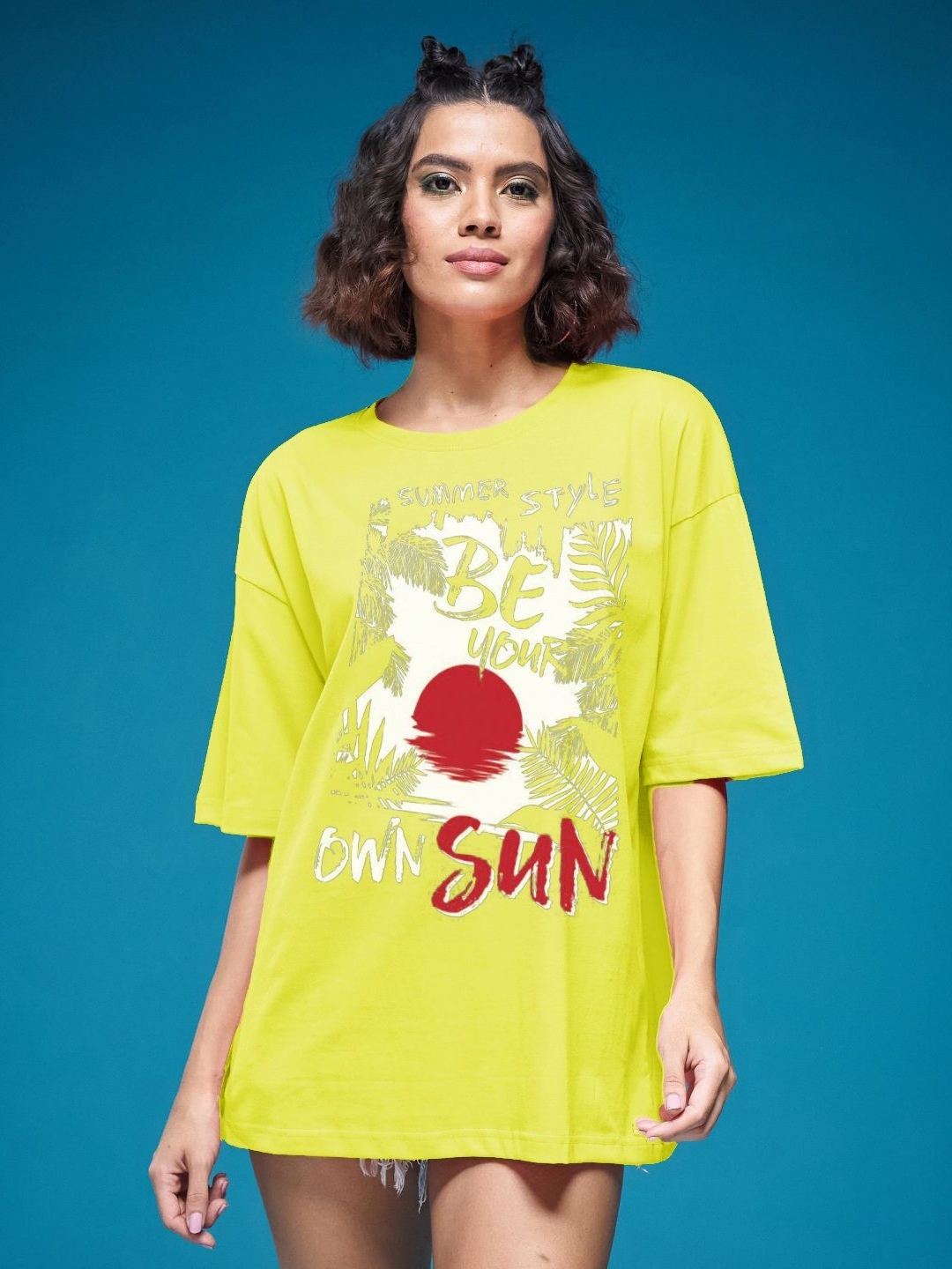 

SMARTEES Women Graphic Printed Round Neck Cotton Oversized T-shirt, Lime green