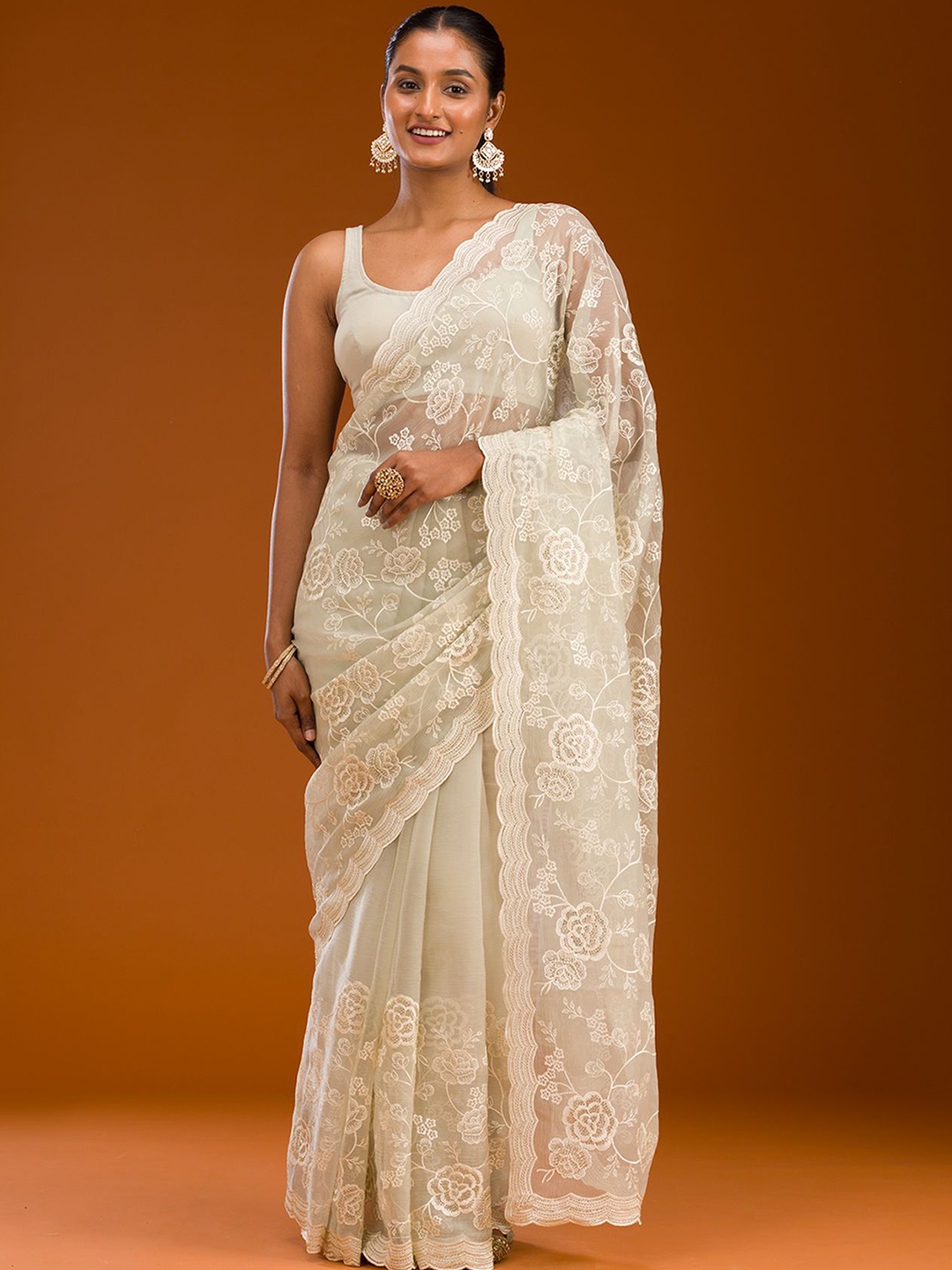 

Koskii Pista Green Threadwork Chiffon Saree, White