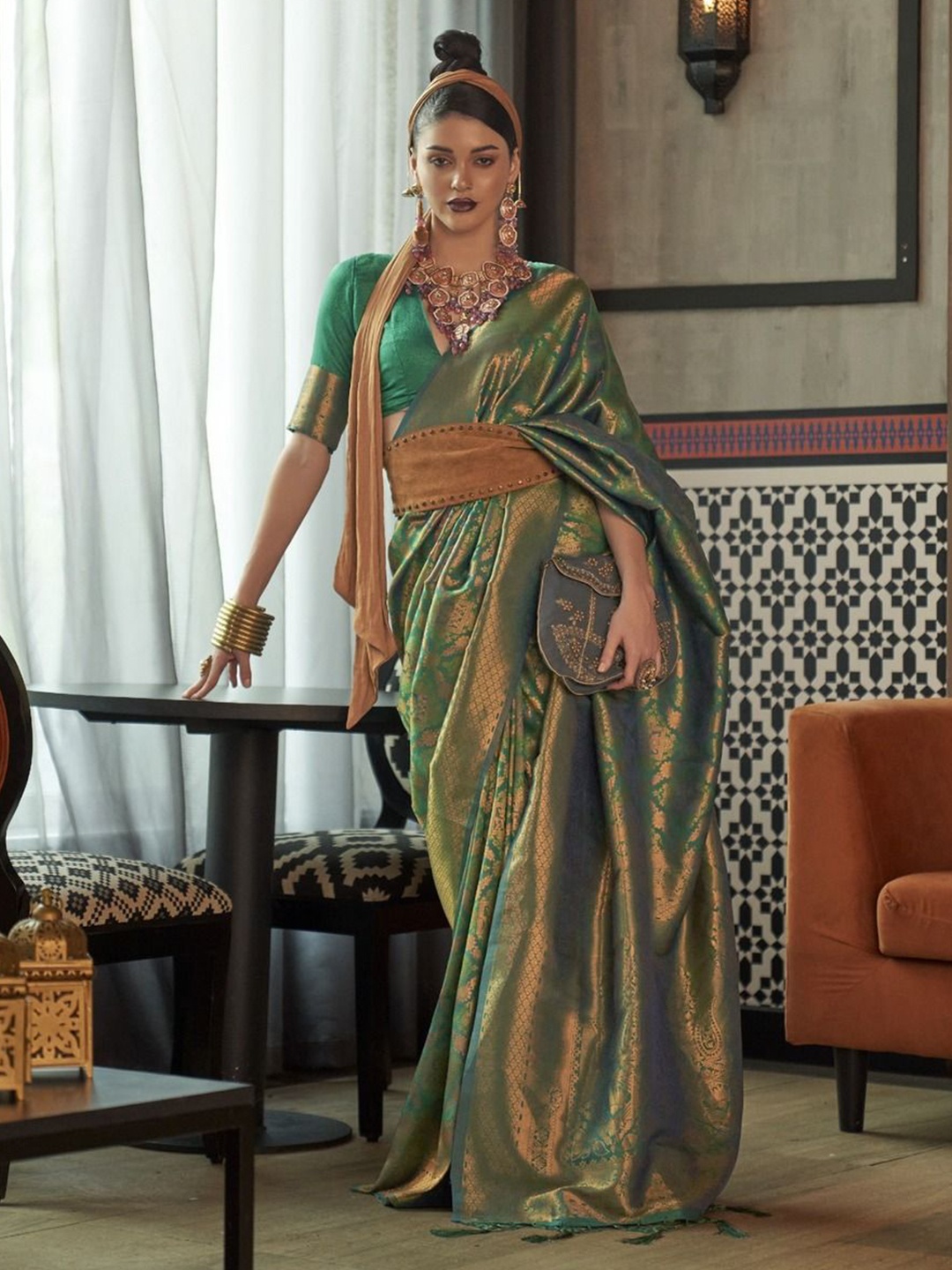 

Anouk Woven Design Zari Banarasi Saree, Green