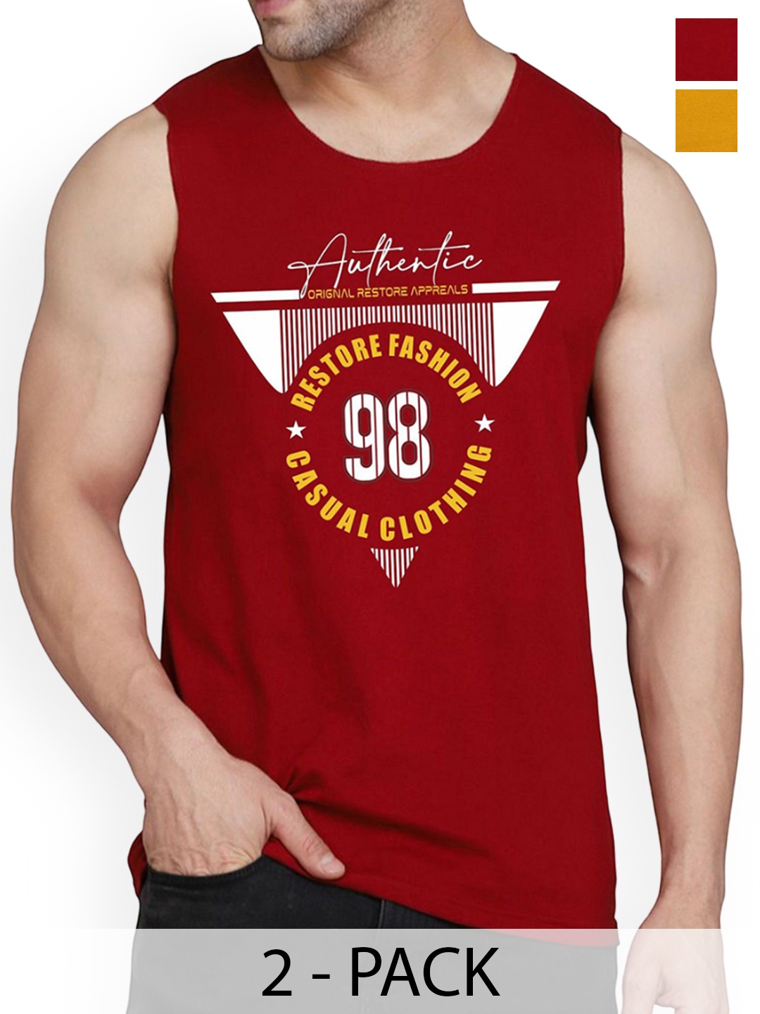 

WOOSTRO Pack Of 2 Printed Sleeveless Innerwear Vests, Maroon